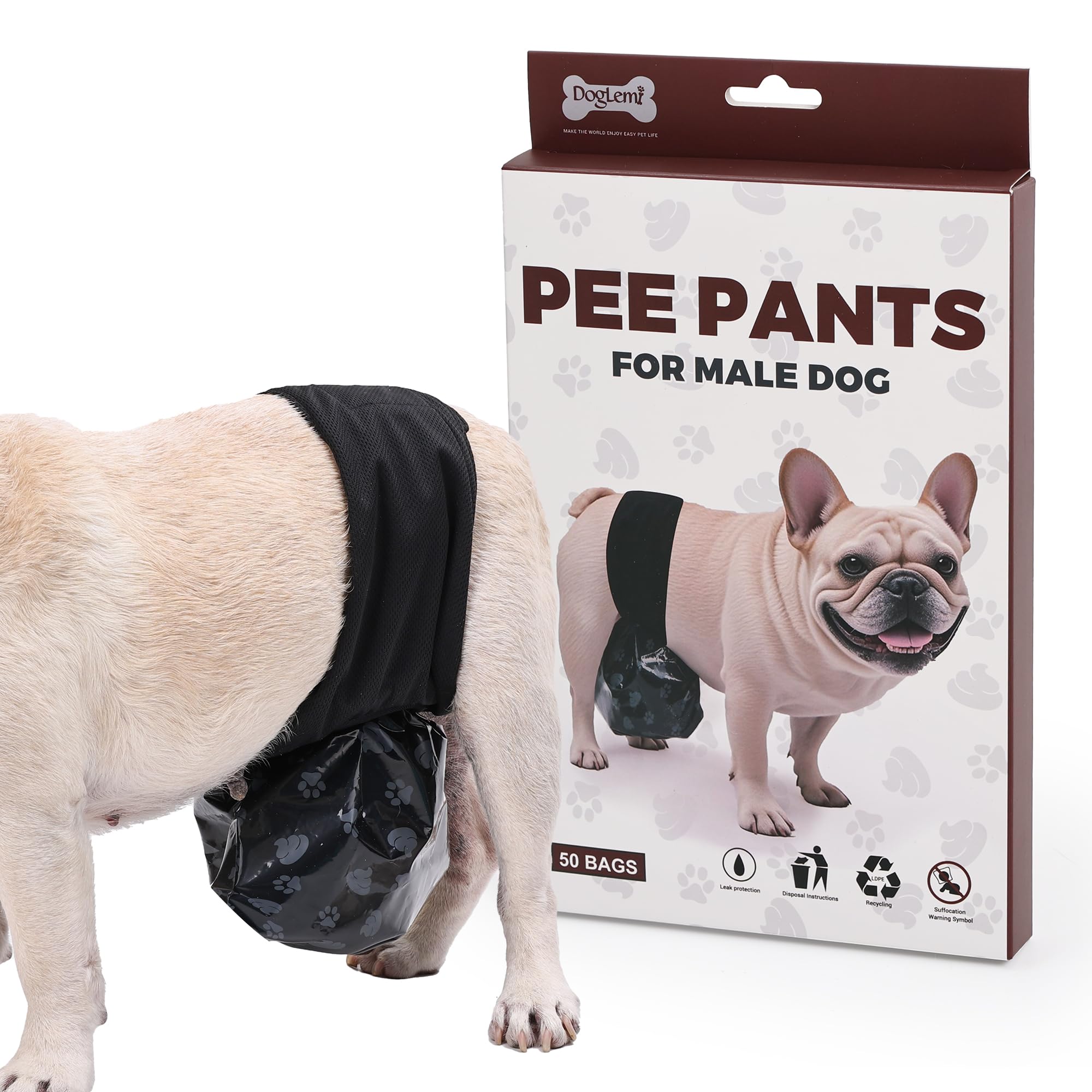 Verstellbare Windeln für männliche Hunde, auslaufsicher, automatische Hundekot-Sammelhose mit 50 Einwegkotbeuteln, bequem, atmungsaktiv, Bauchbänder, Unterwäsche (XL)