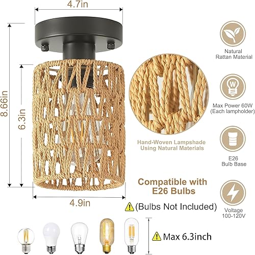 Miniatura 2 de Lámparas de techo de ratán de 14.6 pulgadas, montaje semiempotrado, 3 lámparas de techo boho con pantalla de ratán, lámparas de granja de ratán