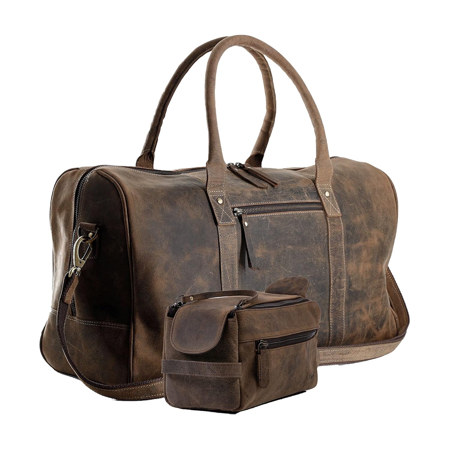 Leather Unisex Toiletry Bag Travel Dopp Kit and leather 21 inch overnight weekend duffle bag Cabin Holdall Bag for Men and Women Combo Pack