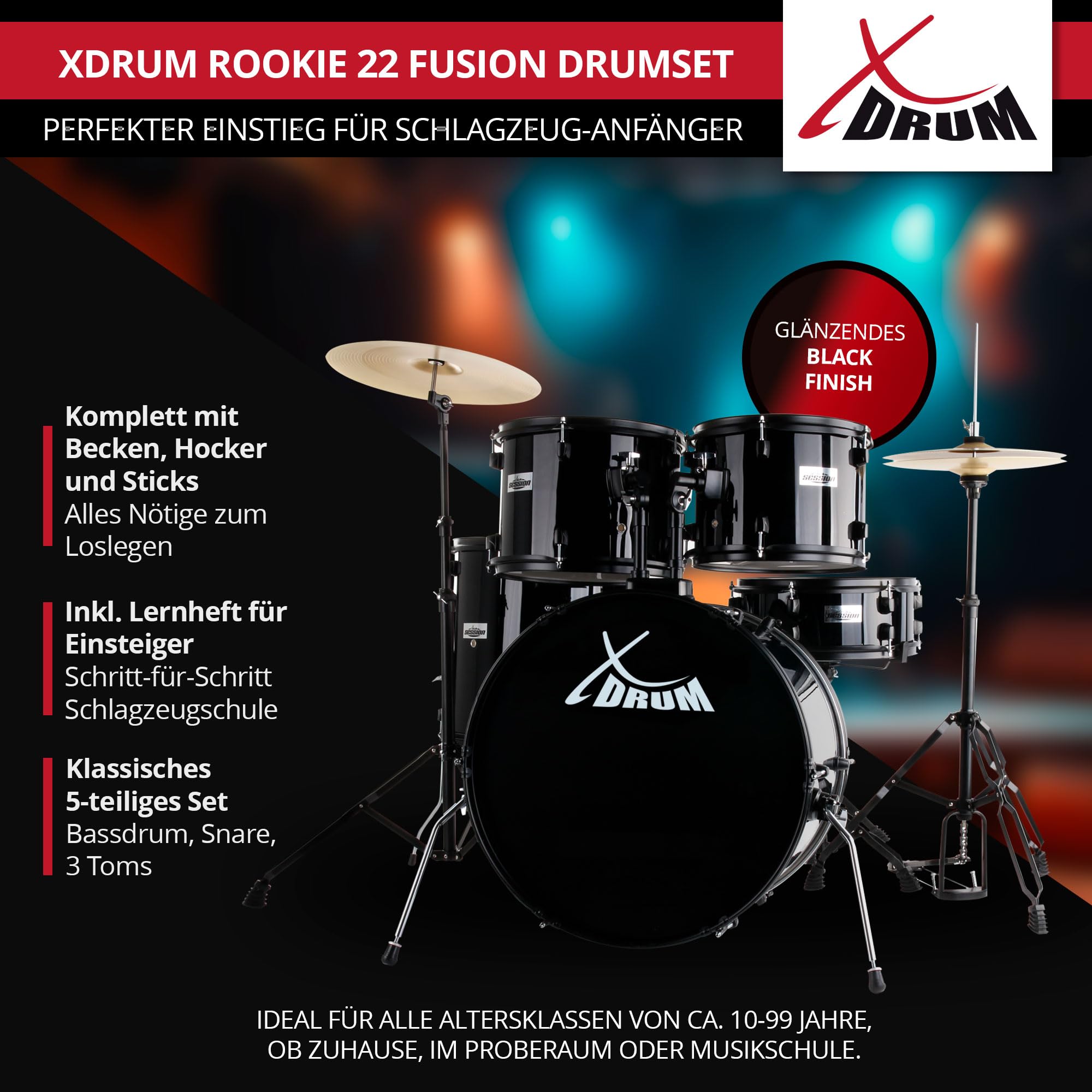 XDrum Rookie 22" Fusion Batteria Completa Black - Ideale per Principianti - Hardware Elegante in nero - Incl. Bacchette, Istruzioni di Montaggio e Scuola di Batteria - Nero
