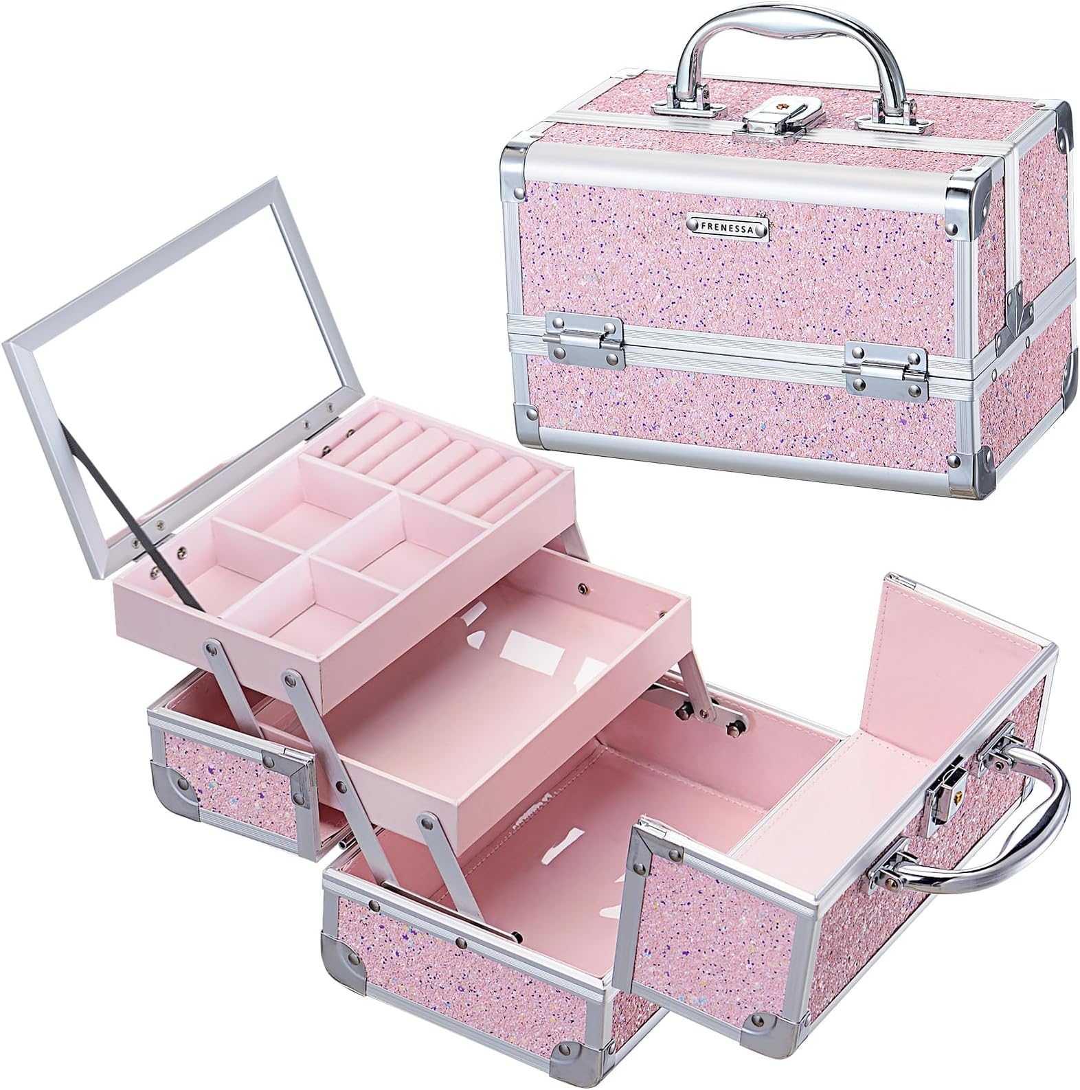 Makeup Case Organizer Portable Makeup Train Case Cosmetic Box with Mirror Jewerly Tray for Girls Nail Supplies Make Up Cases Organizers and Storage Kids Craft Case Pink