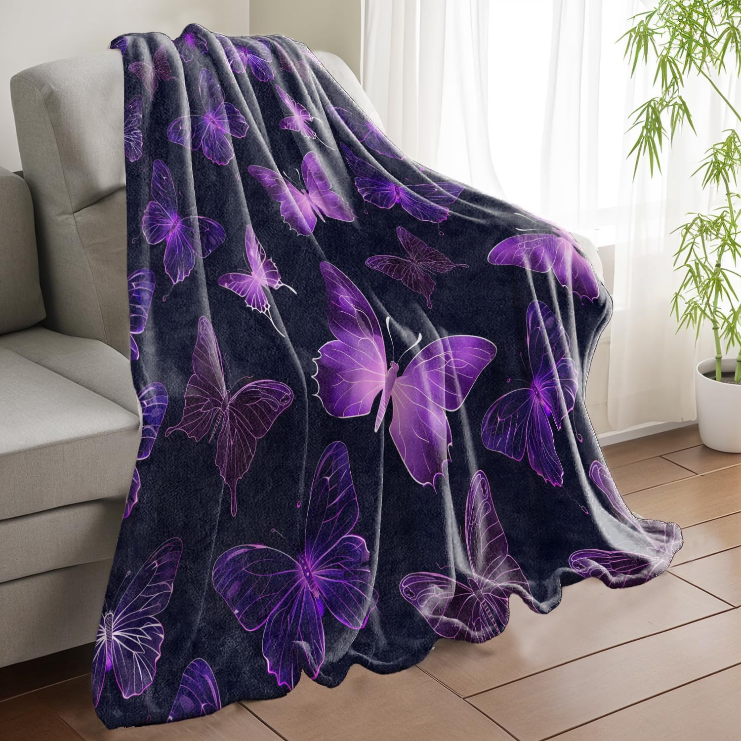Fantasy Purple Butterfly Throw Blanket, Glowing Insect Flannel Blankets Gifts for Girls Women and Nature Lovers, Home Decor Throws for Couch Bed Camping Travel Living Room Bedroom, 50x60 Inch - Image 2
