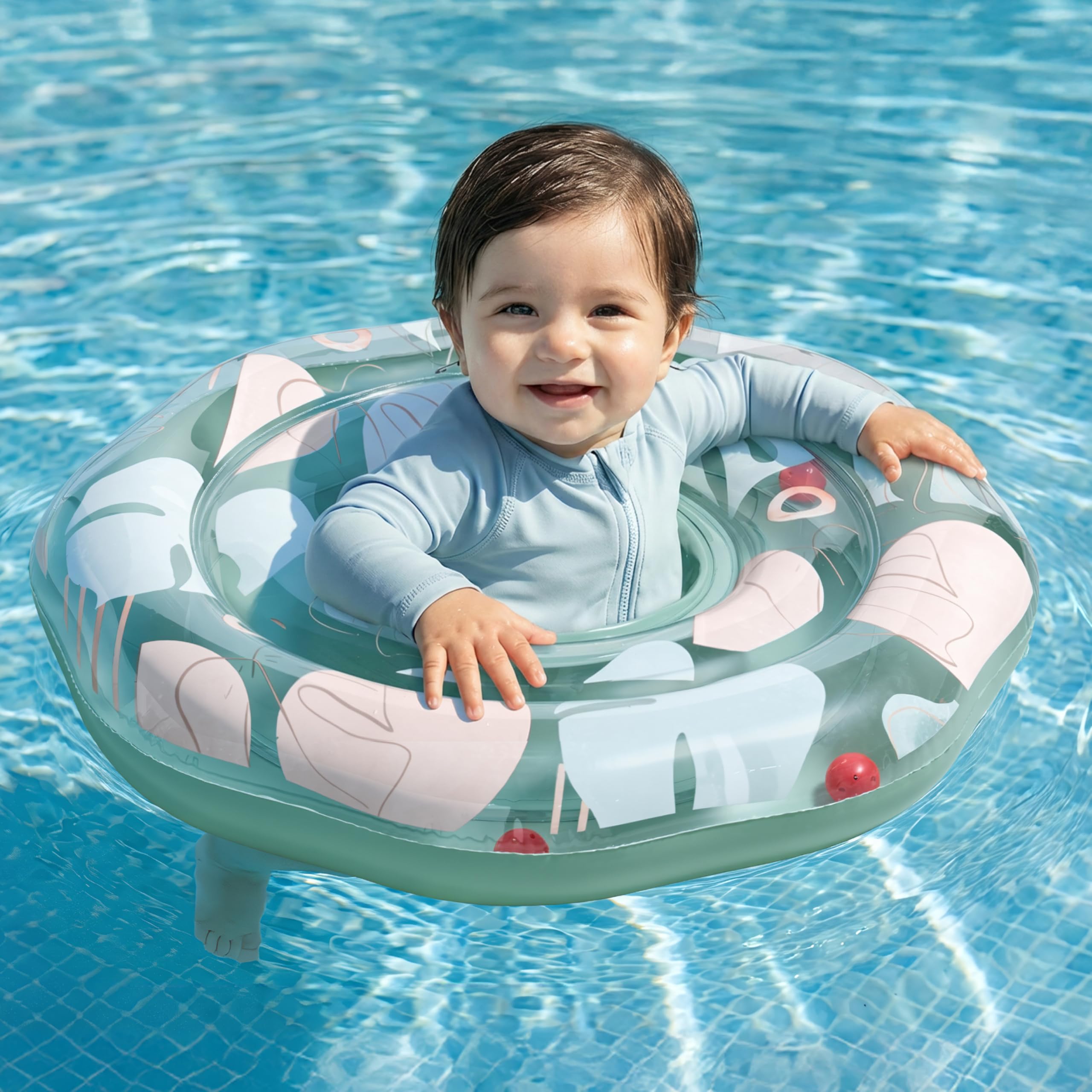 Sloosh Baby Pool Float with Double Air Chambers, Inflatable Baby Swimming Float with Safety Seat, Tropical Leaves Design Toddler Infant Swim Float Ring Swimming Pool Accessories for Age 6-36 Months
