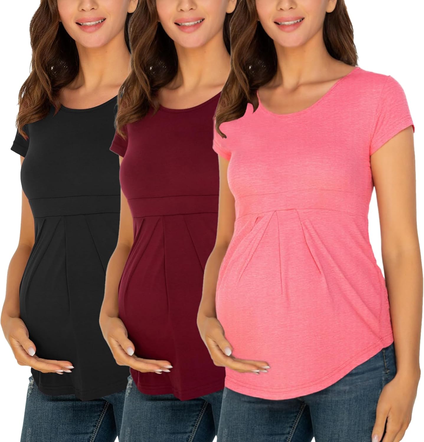 Ecavus Womens Maternity Shirts 3-Pack Short Sleeve Tops Empire Waist Pleated Front Maternity Clothes for Work and Casual