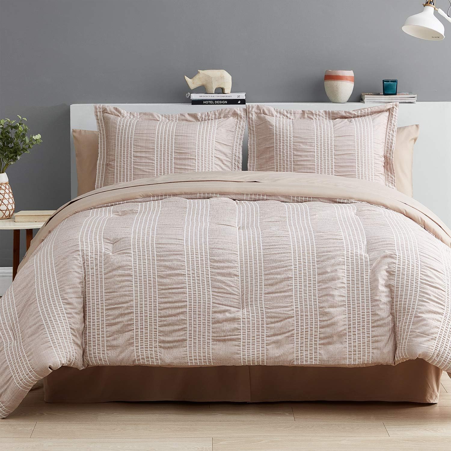 Chеареѕt 🛒 Bedsure King Bed in a Bag - King Size Comforter Set 8 Piece Stripes Seersucker Bedding Set, Soft Lightweight Down Alternative Comforter King Bed Set(Khaki 102x90 inch)