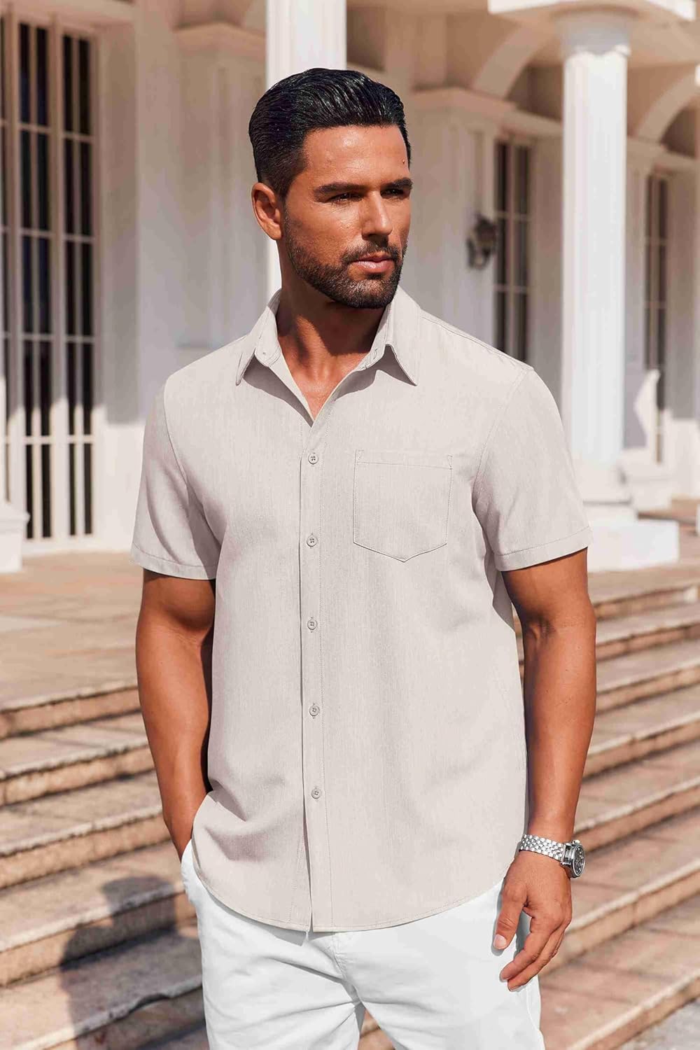 COOFANDY Mens Button Down Short Sleeve Shirt Casual Summer Stretch Denim Dress Shirts with Pocket - Image 3