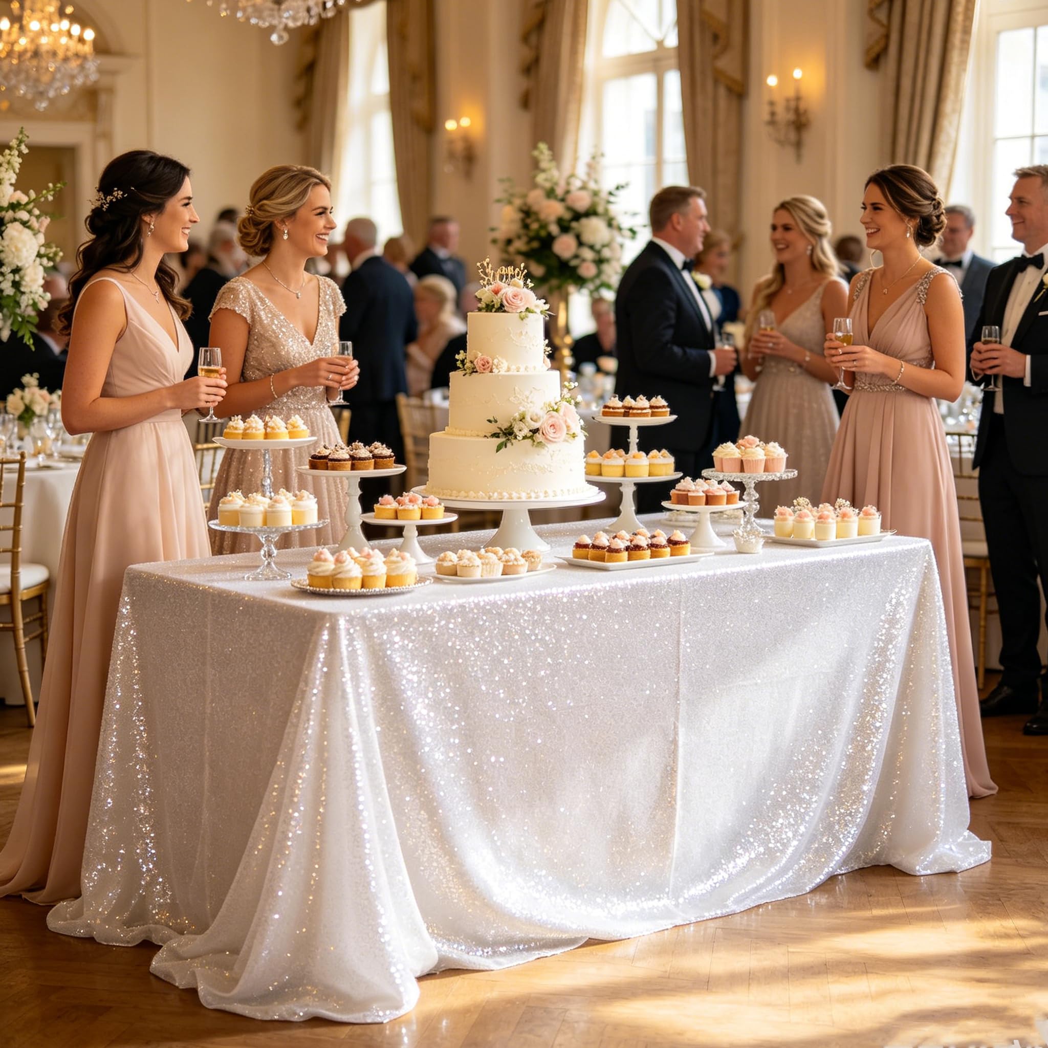 SoarDream Weiße Hochzeitstischdecke, 228 x 332 cm, Pailletten-Tischdecke, Glitzer-Tischwäsche für Party, Bankett, Zuhause, Kuchen, Desserts, Tischdekoration