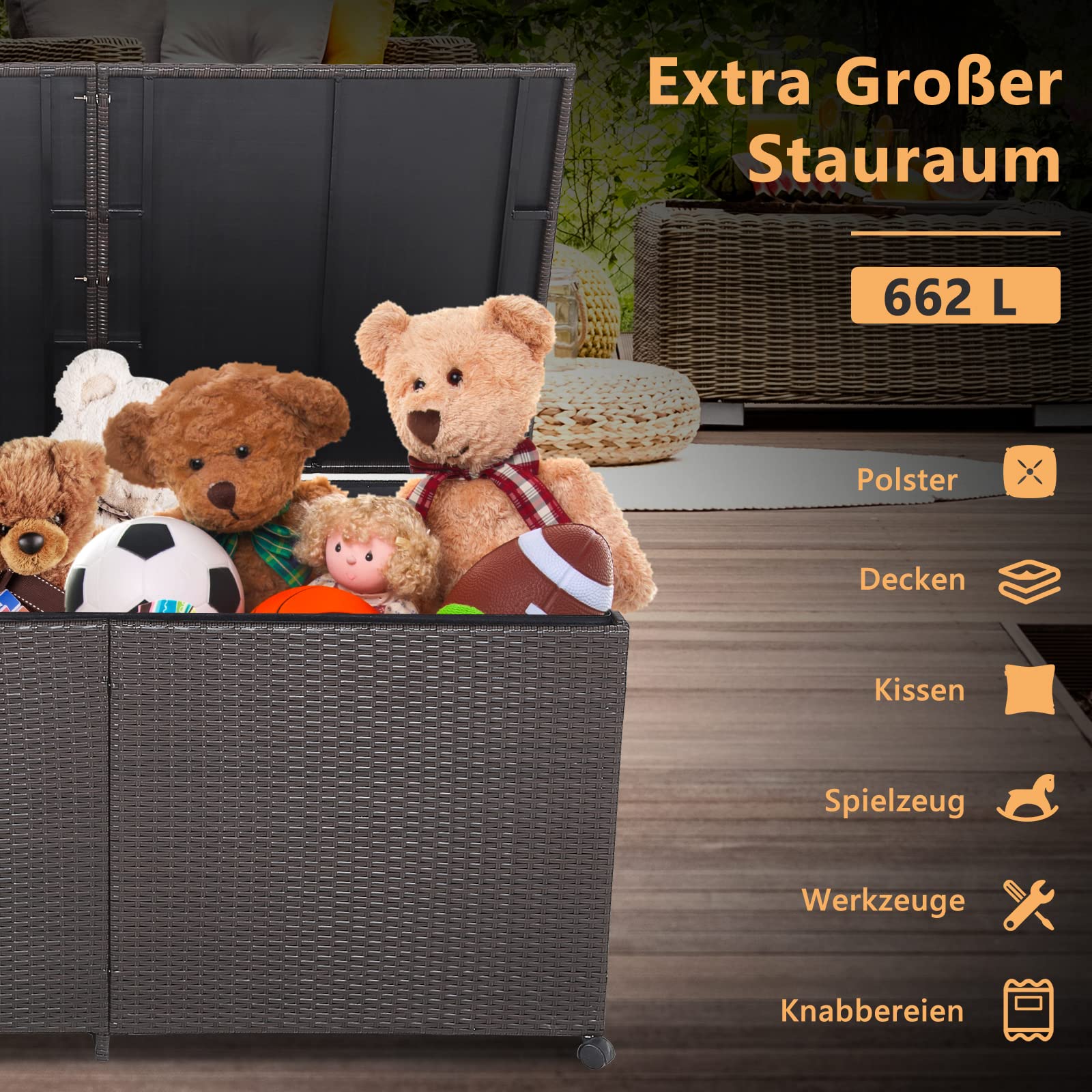 COSTWAY XXL Gartenbox mit 662 L Fassungsvermögen, Aufbewahrungsbox aus Rattan mit Reißverschluss & 2 Universalrädern, Kissenbox Gartenschrank Gartentruhe wetterfest für Garten, Hinterhof