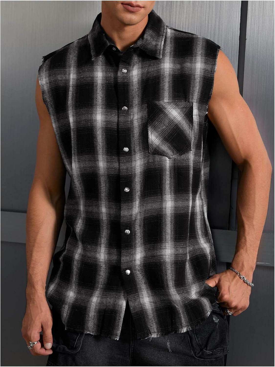 Men's Sleeveless Shirts Plaid Raw Trim Button Down Muscle Tank Tops - Image 2