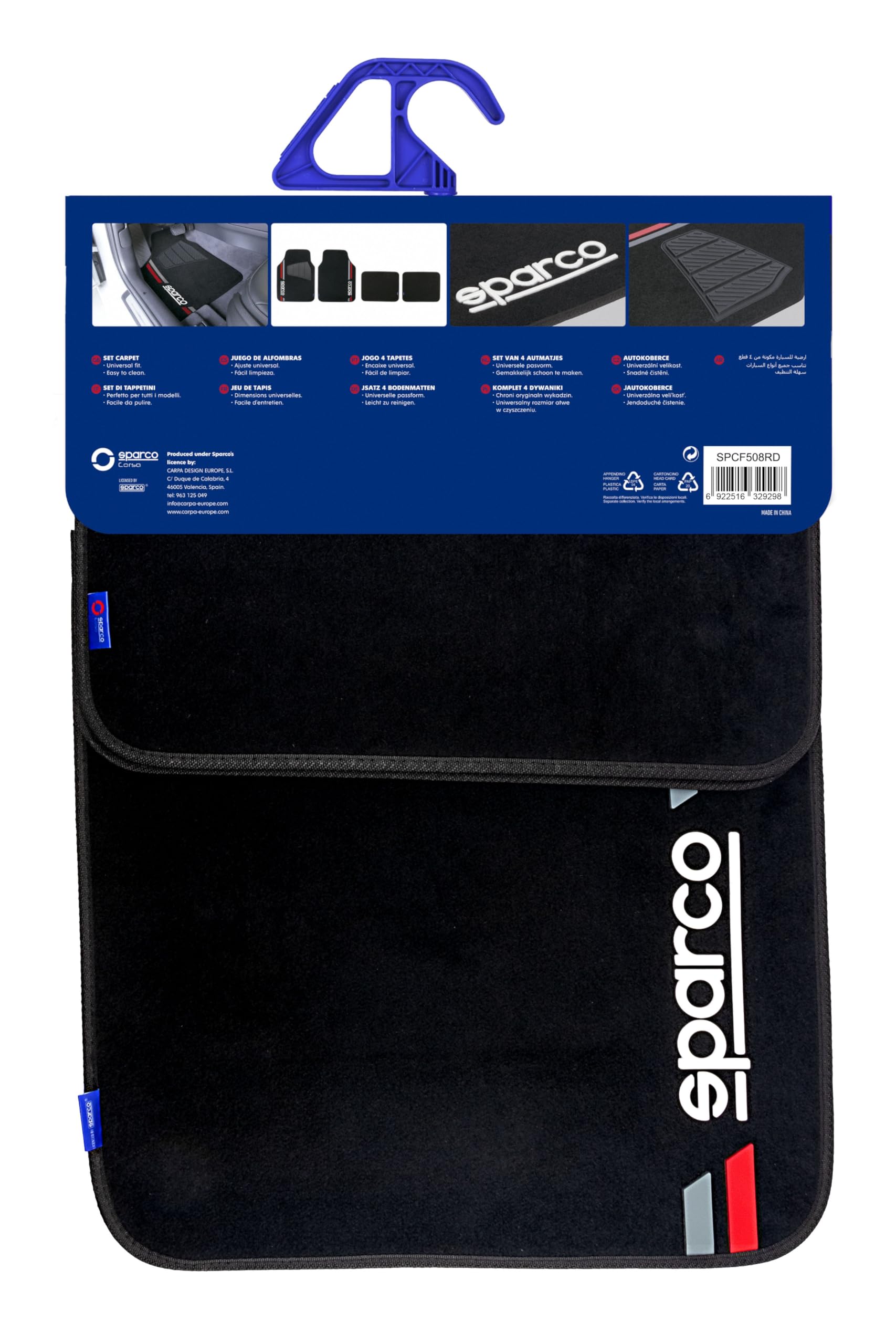 Sparco Zestaw 4 uniwersalnych dywaników czarno-czerwonych, 2 z przodu z logo i 2 z tyłu do samochodów