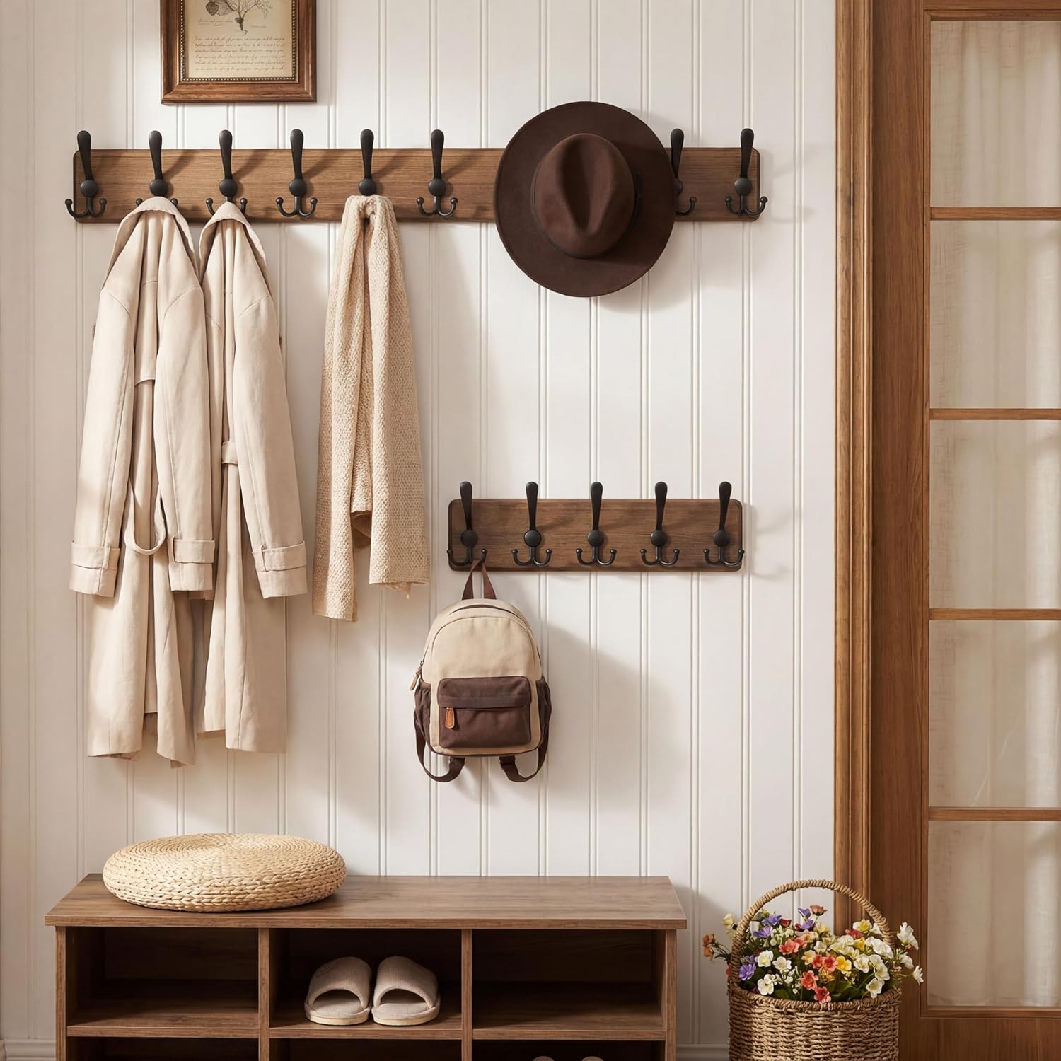 WEBI Rustic Coat Rack Wall Mount,Solid Wood Coat Hooks Wall Mounted Coat Hanger,16" Hole to Hole,Hook Rack Rail,5 Triple Hooks for Hanging Coats,Jacket,Clothes,Farmhouse,Brown image 5