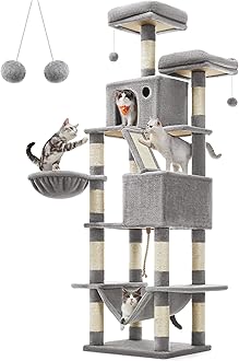Feandrea PCT190W01 Large Cat Scratching Post, 206 cm High, XXL Cat Tree with 13 Scratching Posts, 2 Platforms, 2 Caves, Basket, Hammock, Plush Balls, Multi-Level Cat Scratching Post, Light Grey