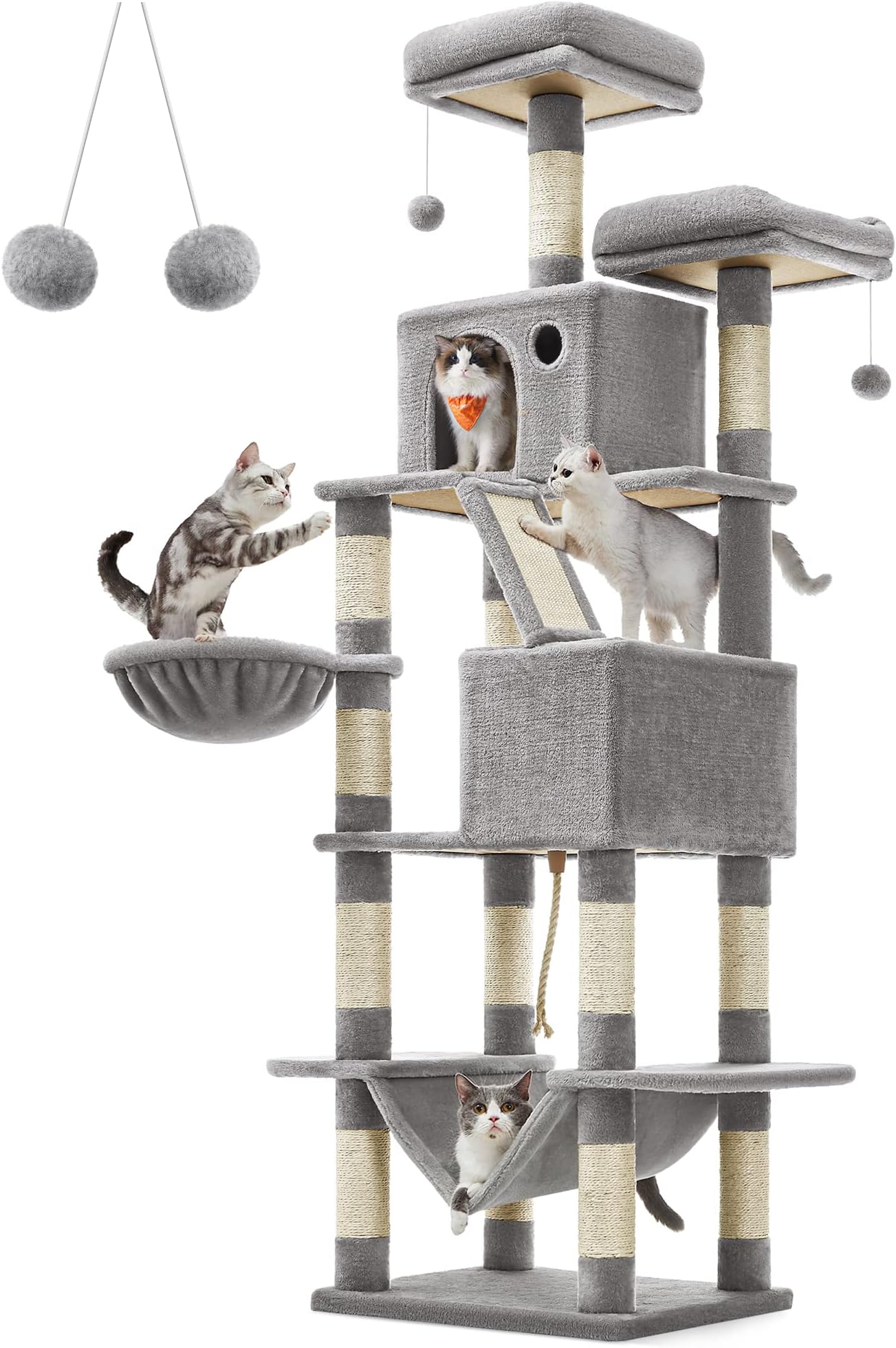 Feandrea PCT190W01 Large Cat Scratching Post, 206 cm High, XXL Cat Tree with 13 Scratching Posts, 2 Platforms, 2 Caves, Basket, Hammock, Plush Balls, Multi-Level Cat Scratching Post, Light Grey
