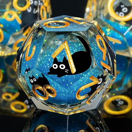 Miniatura 5 de OUKELANWO Cat - Juego de dados DND de núcleo líquido, 7 dados de resina azul y dorado, dados para juegos de rol D20 D12 D10 D8 D6 D4