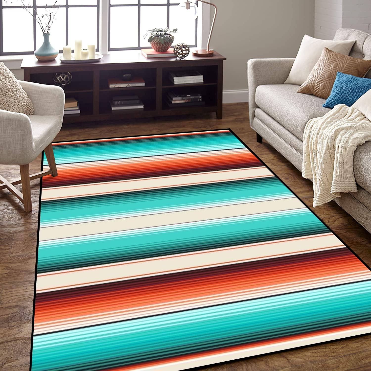 Area Rug Non-Slip Floor Mat Navajo White Turquoise Orange Mexican Blanket Serape Stripes Seamless Indoor Outdoor Living Room Kids Room Bedroom Carpet Runner Rug Home Decor Doormat Yoga Mat Patio Mat