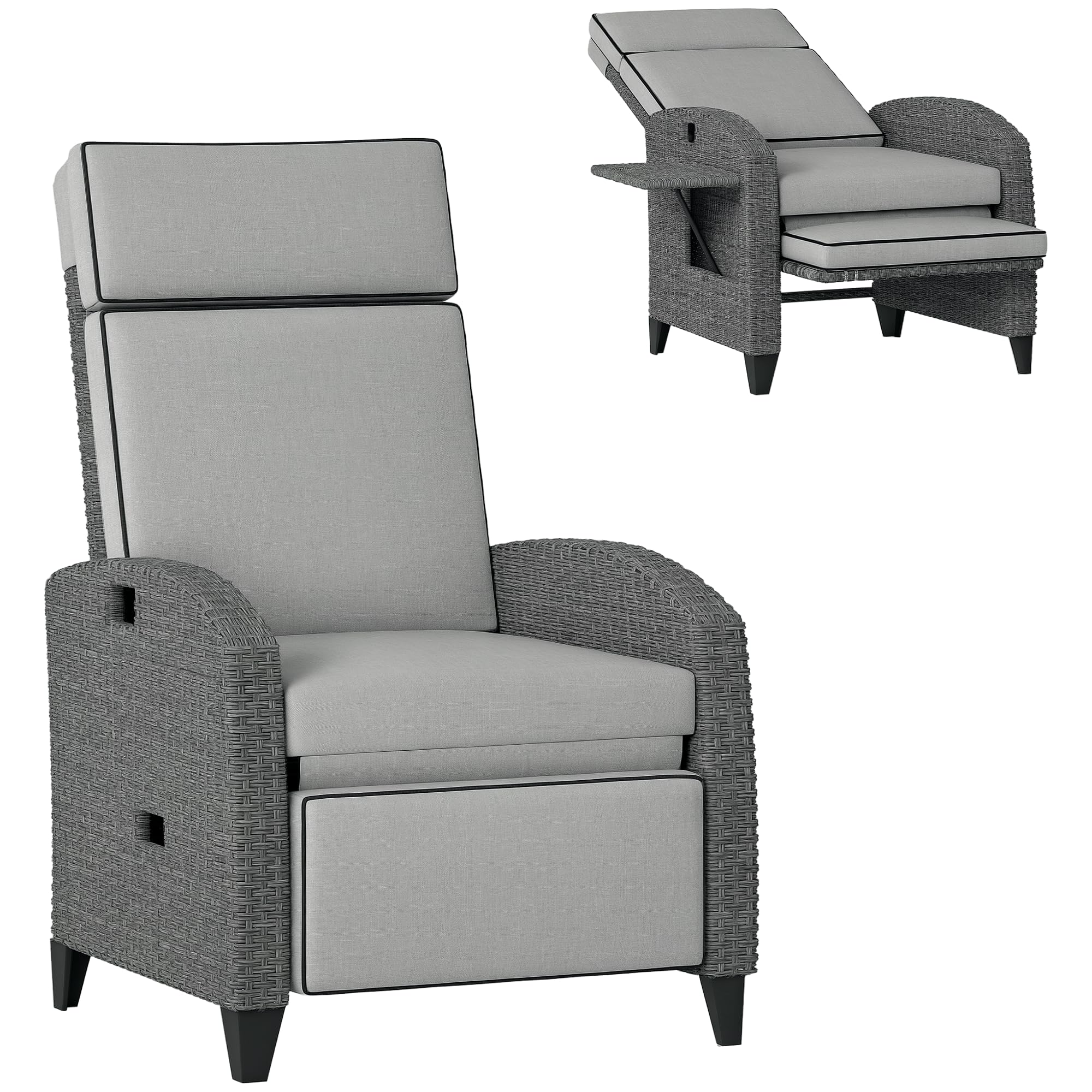 Outsunny Garden Recliner with Cushion, PE Wicker Outdoor Recliner Chair with Adjustable Backrest & Footrest, Rattan Recliner Chair with Armrests and Side Tray for Balcony, Porch, Light Grey/Grey