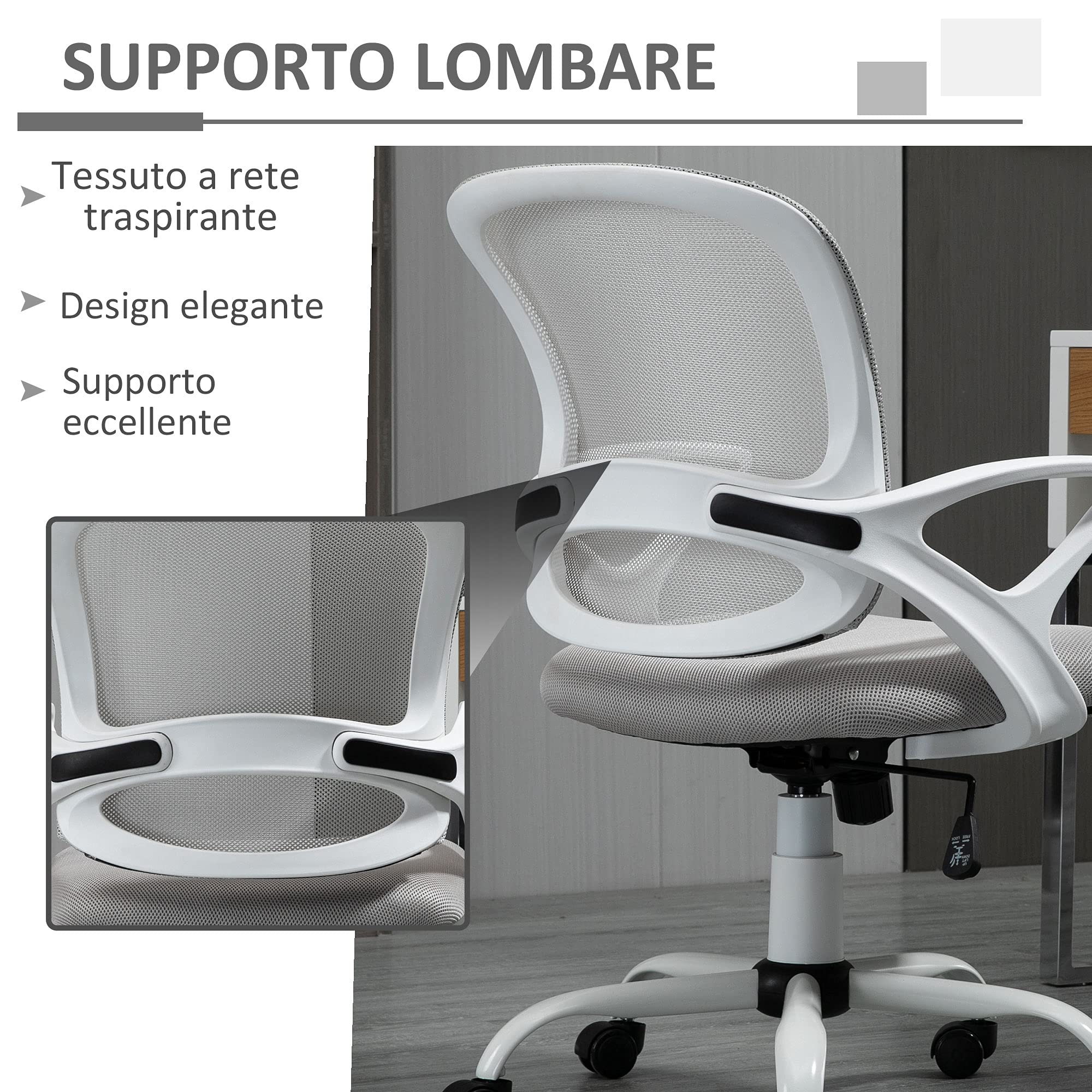 Vinsetto Sedia da Ufficio Basculante Girevole in Tessuto a Rete, Grigio | Sedia da Scrivania Ergonomica, Altezza Regolabile