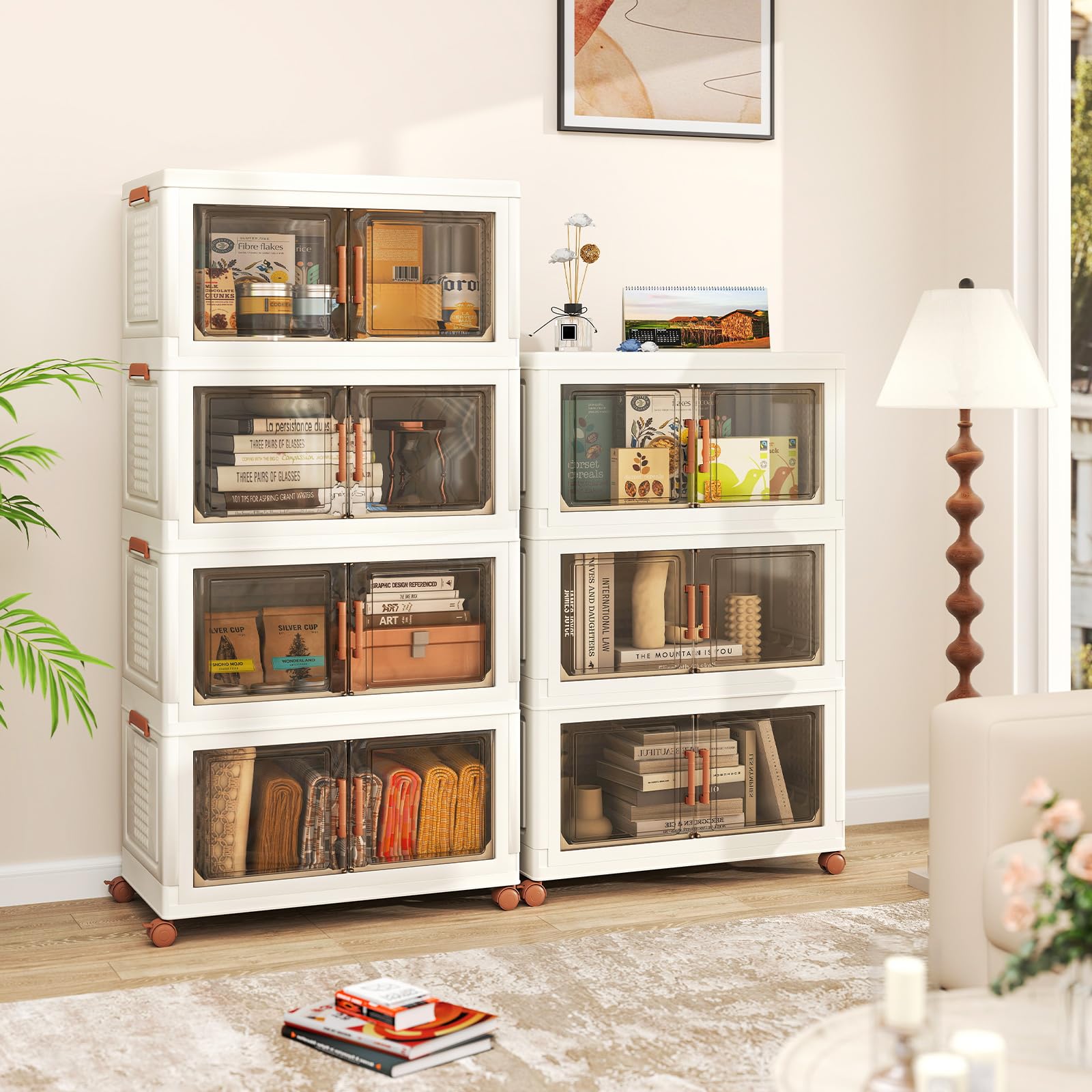 COSTWAY Contenitori Pieghevoli con Coperchio, Set da 4/3 Scatole di Plastica Impilabili con Ruote, per Organizzatore di Armadio con Porte a Apertura Frontale, Multiuso (68,5 x 37,5 x 140 cm)