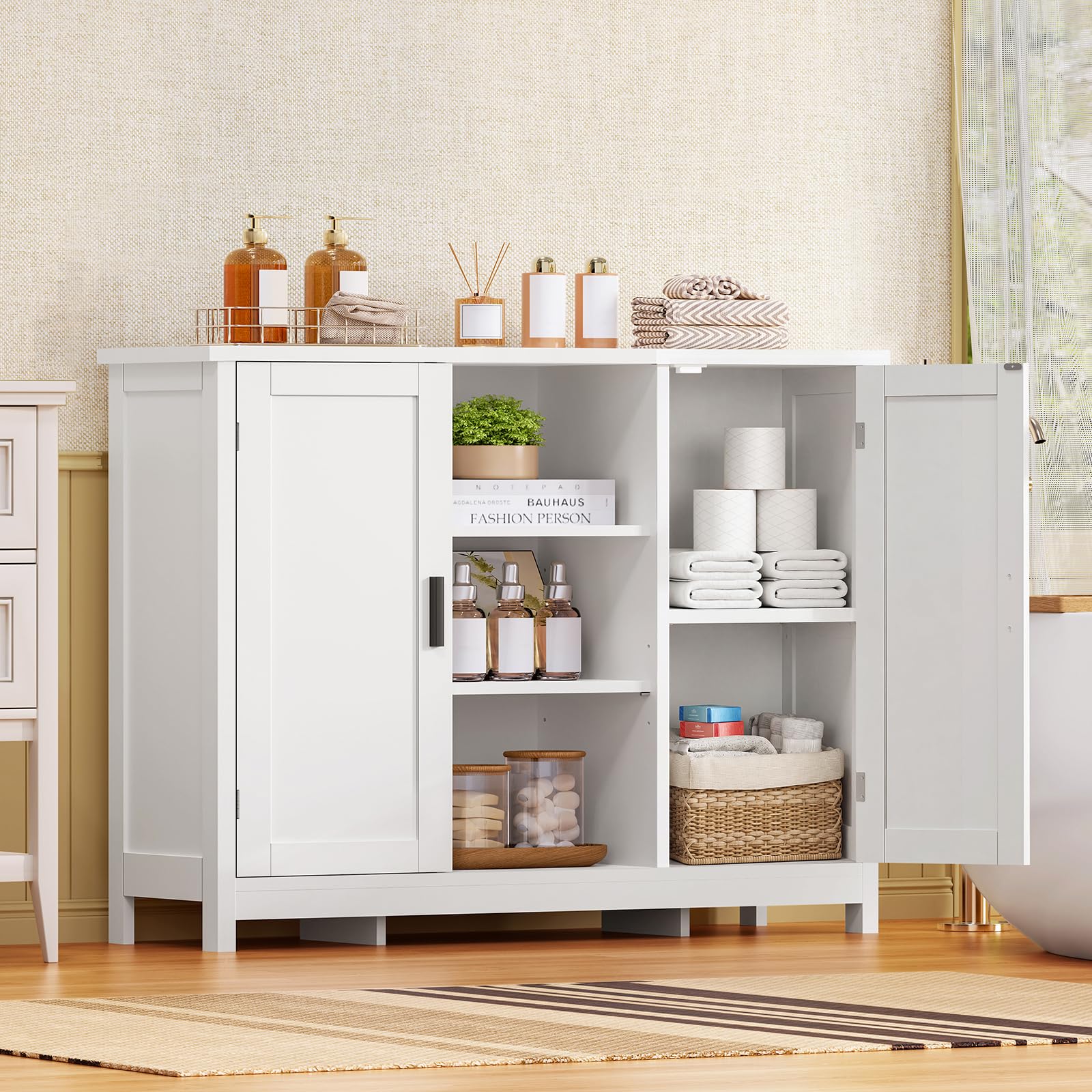 TEENFON Badezimmerschrank mit 2 Türen, 90 cm Badschrank mit Arbeitsplatte & offenen Fächern, Sideboard mit 4 Regalböden, Mehrzweckschrank für Küche, Bad, WZ, EZ & Flur - 90 x 30 x 80,5 cm - Weiß