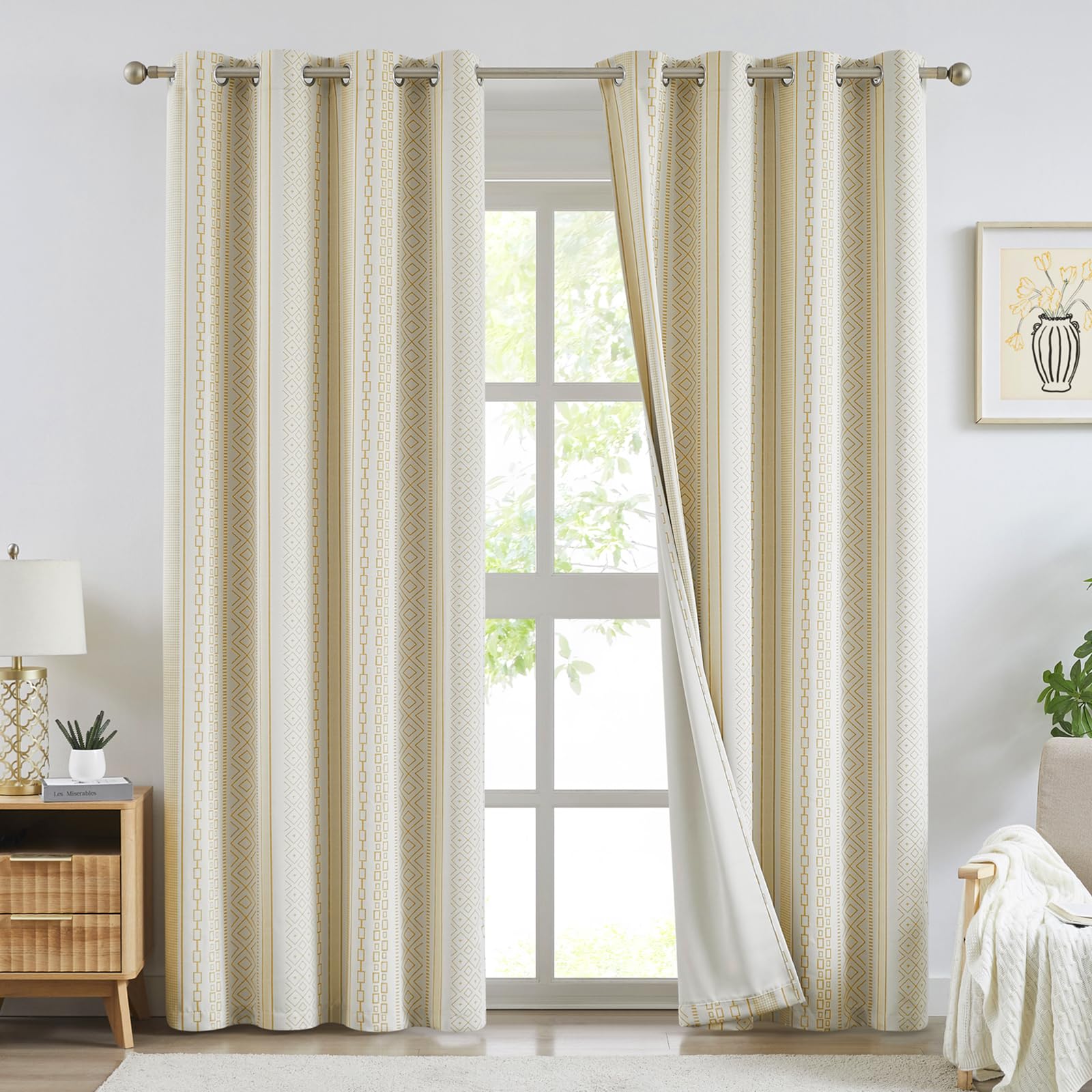 Rideaux occultants motif géométrique jaune pour chambre lot de 2 rideaux en coton Melodieux