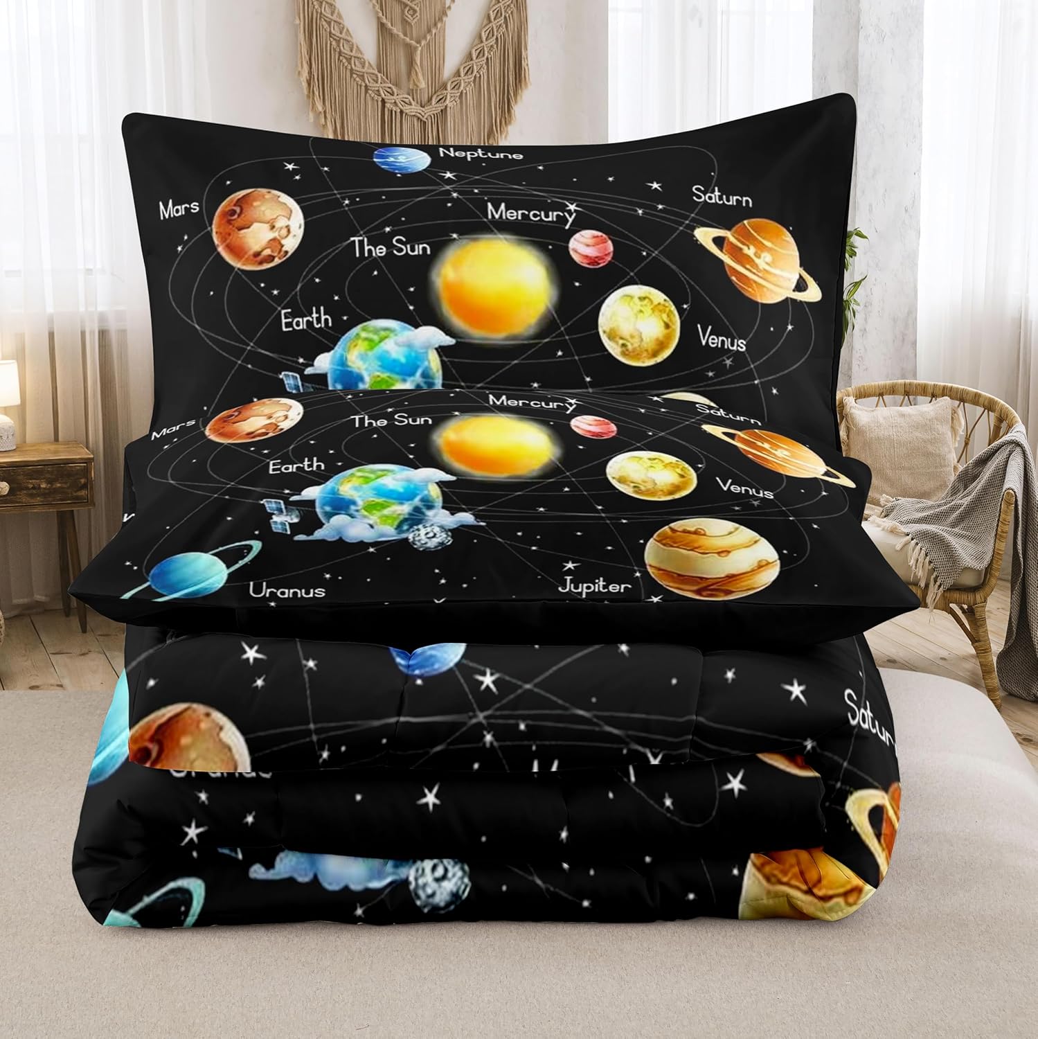 Twin Bedding Sets Space Comforter Sets for Boys Girls-3 Pieces Planets Bedding Set 1 Solar System Comforter and 2 Pillowcases for Kids Lightweight Microfiber for Bed Sofa - Image 2