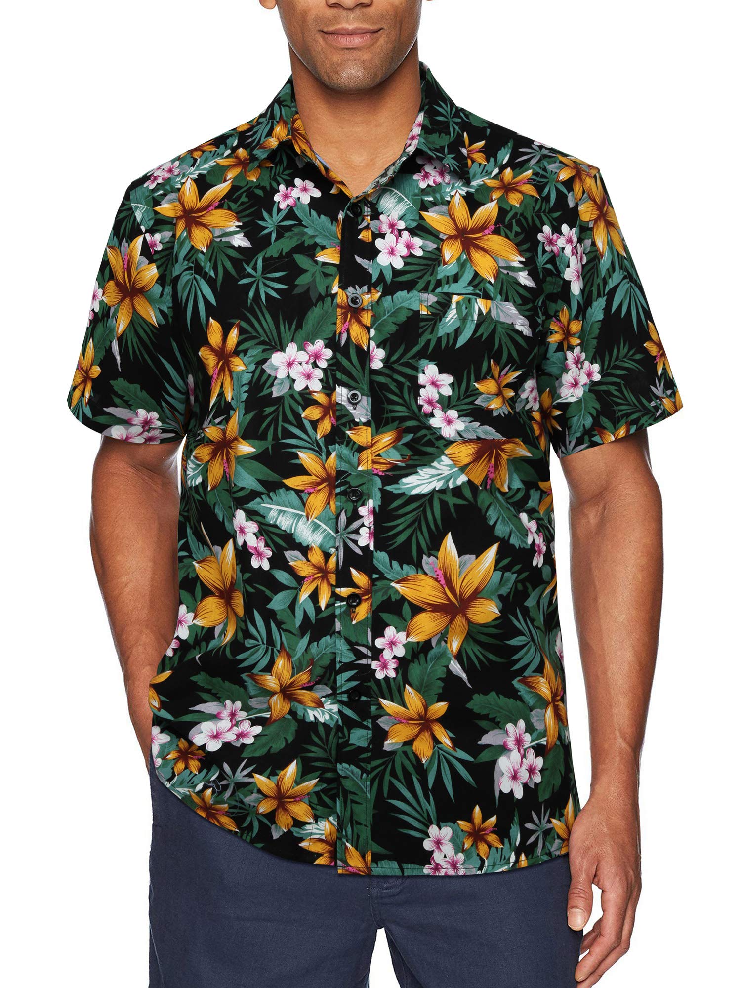 HISDERN Camisa Aloha Hawaiana Manga Corta Bolsillo Delantero Impreso Playa S-2XL