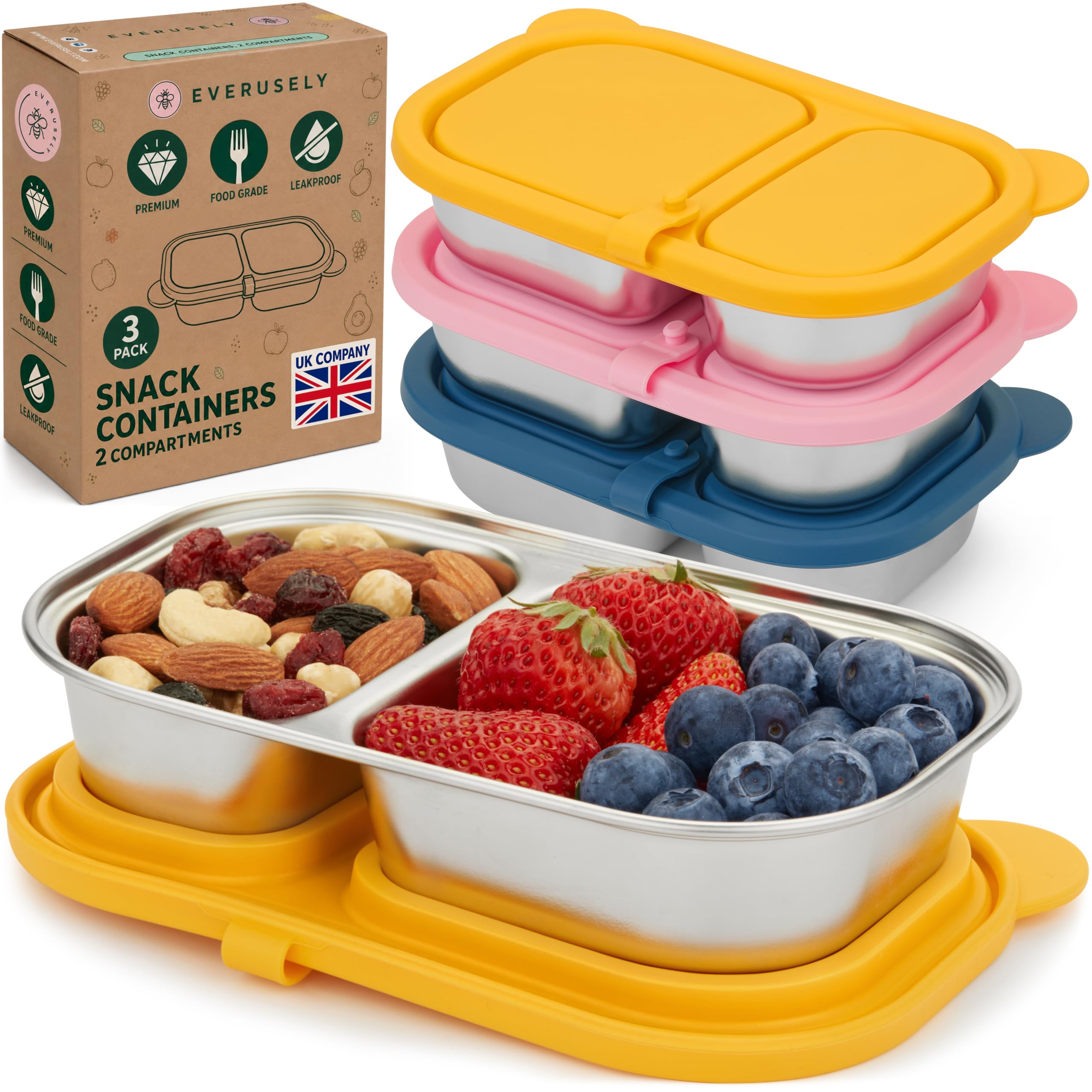 Stainless Steel Snack Pots with Lids - 2 Compartment, 400 mL 3 Pack, Berry - Reusable Meal Prep Grab On The Go Lunchboxes/Tiffin Boxes for Travel, Camping, Food Storage - Divided Container