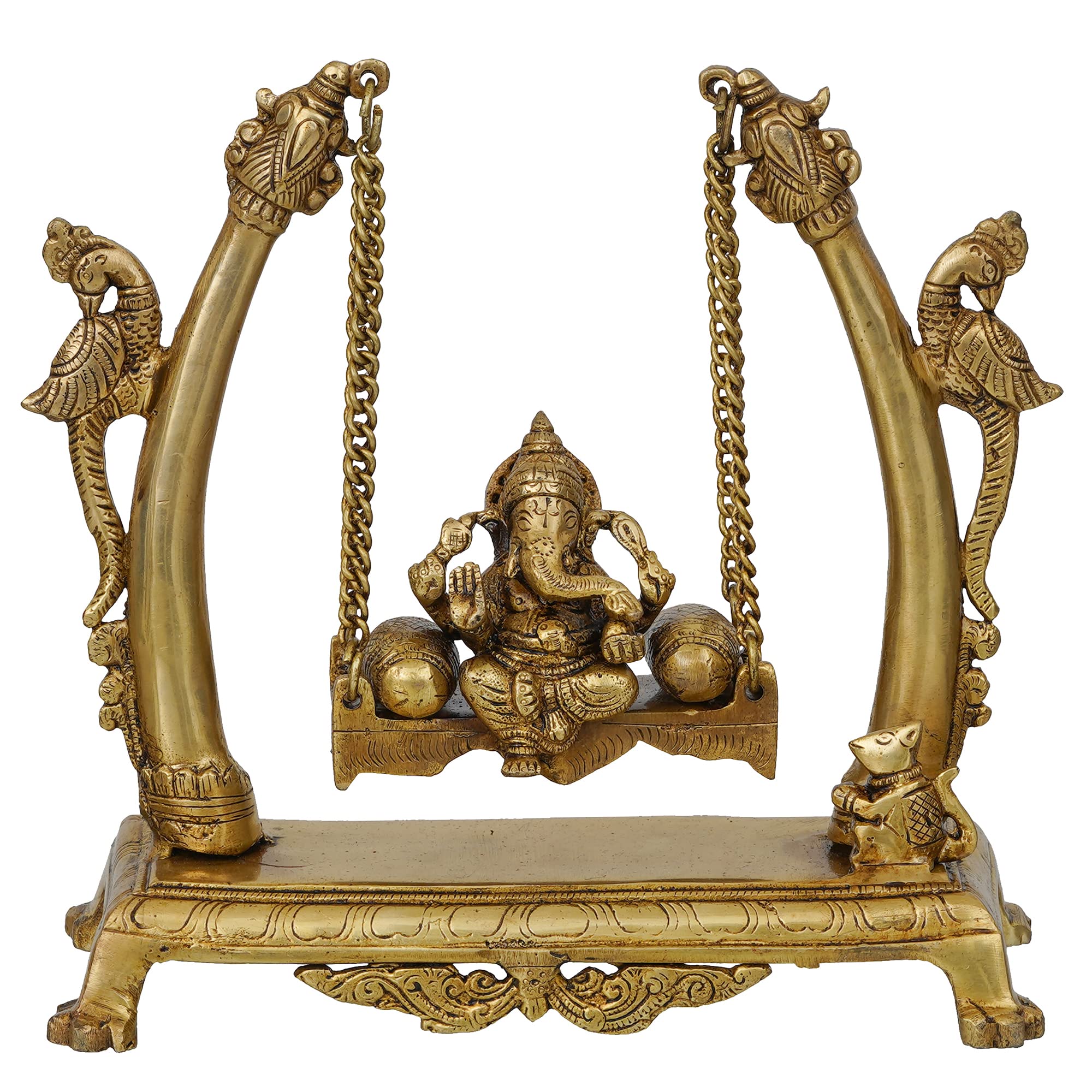 eCraftIndia Idole de Ganesh en laiton doré assise sur une balançoire de paon | Idole du Seigneur Ganesha pour décoration d'intérieur | Statue de Ganesh | Ganesh Ganpati Murti Cadeau pour Diwali