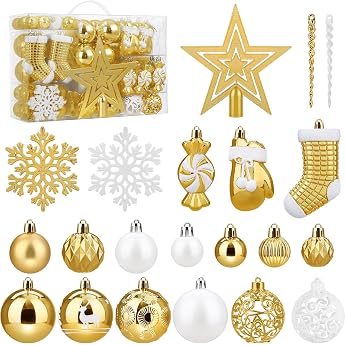 SOLEDI Set of 128 Premium Christmas Baubles Plastic Gold White with Tree Topper Star - Robust and Safe Christmas Tree Decoration Set with Hanging - Colourful Christmas Tree Baubles Reusable Christmas Decoration