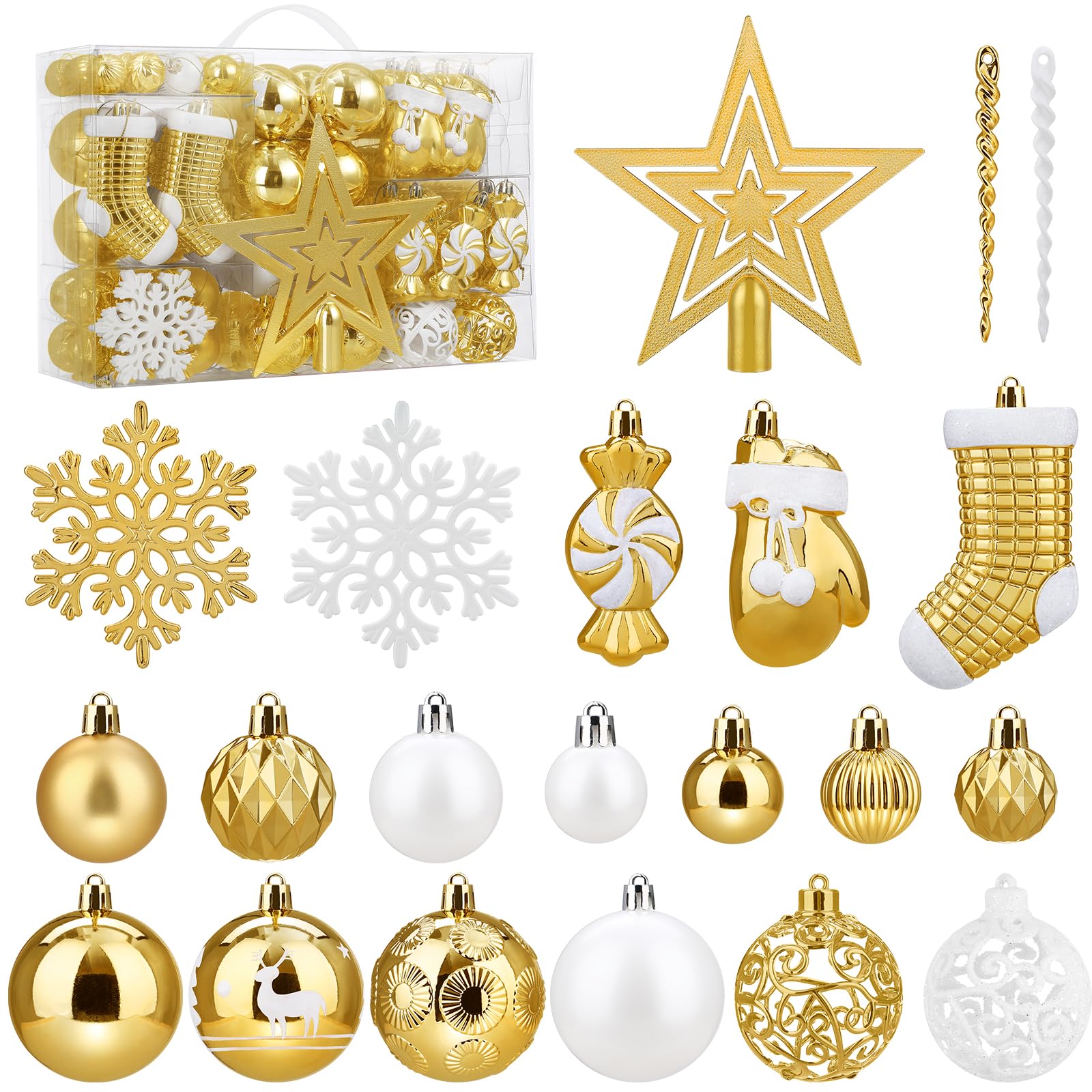SOLEDI® 128er Set Premium Weihnachtskugeln Kunststoff Gold Weiß mit Baumspitze Stern - Robuste und Sichere Christbaumschmuck Set mit Aufhängen - Christbaumkugeln Bunt, Mehrweg Weihnachtsdeko