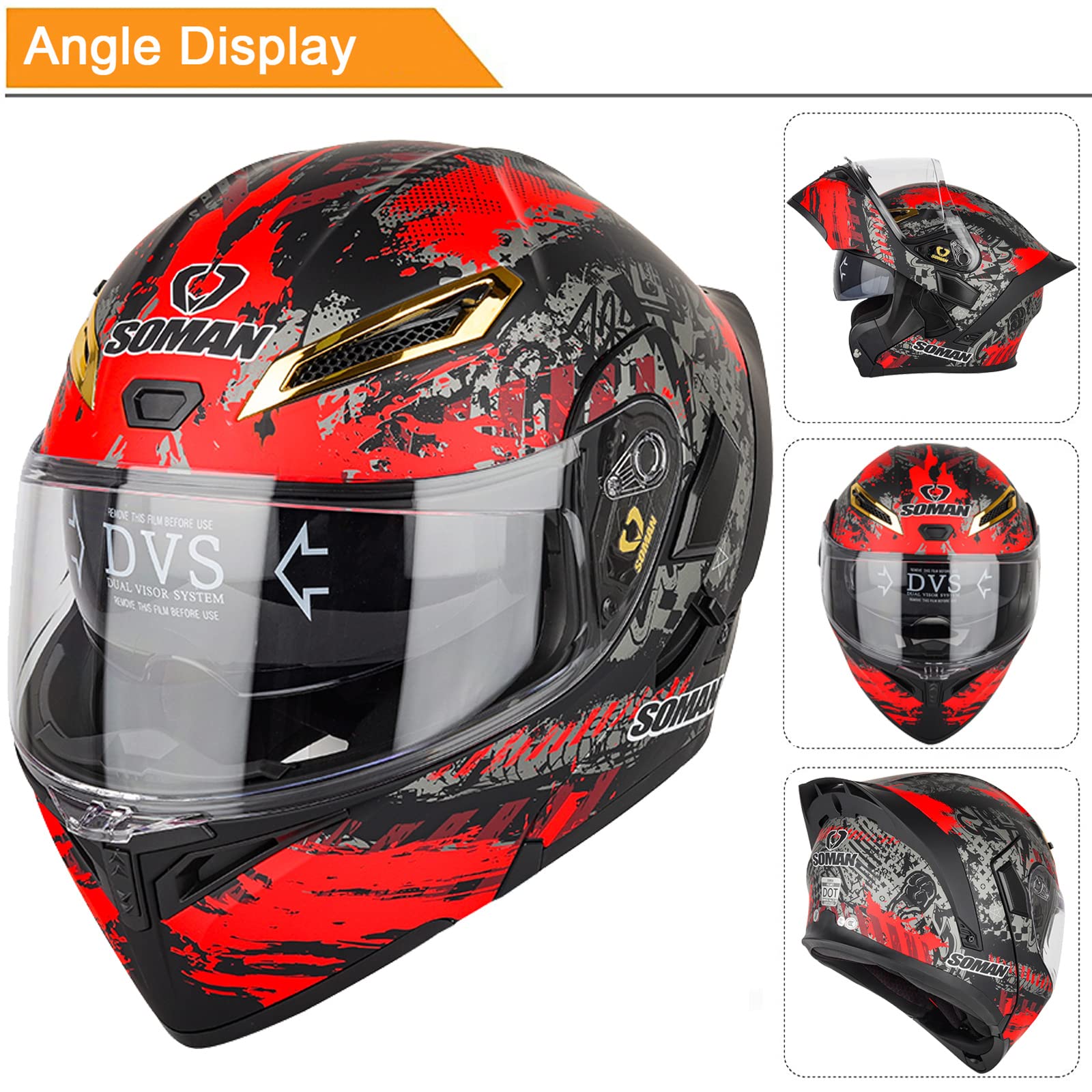 Casco Moto Modulare, Caschi Moto Apribile con Doppia Visiera Lente a Colori, Casco Moto Integrali Casco Scooter Motocicletta per Donna e Uomo, Rosso-M(57~58cm)