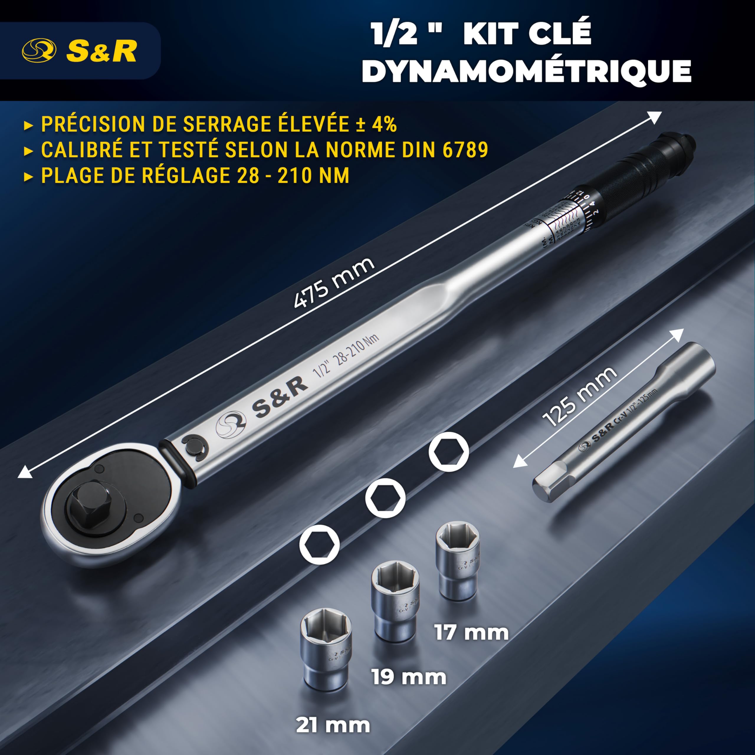S&R Clé Dynamométrique 1/2 28-210 Nm Set avec Rallonge et 3 Douilles