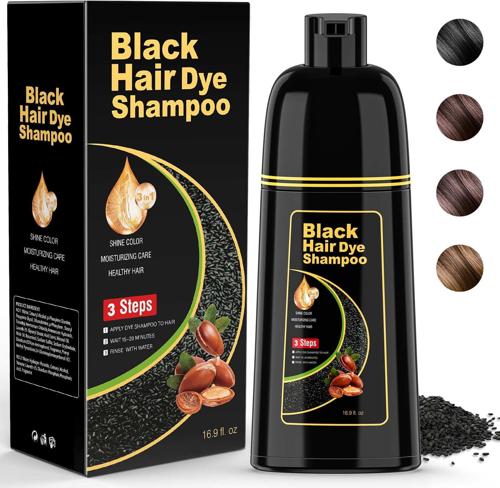 Black Hair Dye Shampoo 3 in 1 for Gray Hair Women and Wen, Color Shampoo Natural Hair Dye, Herbal Black Hair Dye Shampoo, Champu Para Canas（500ml）