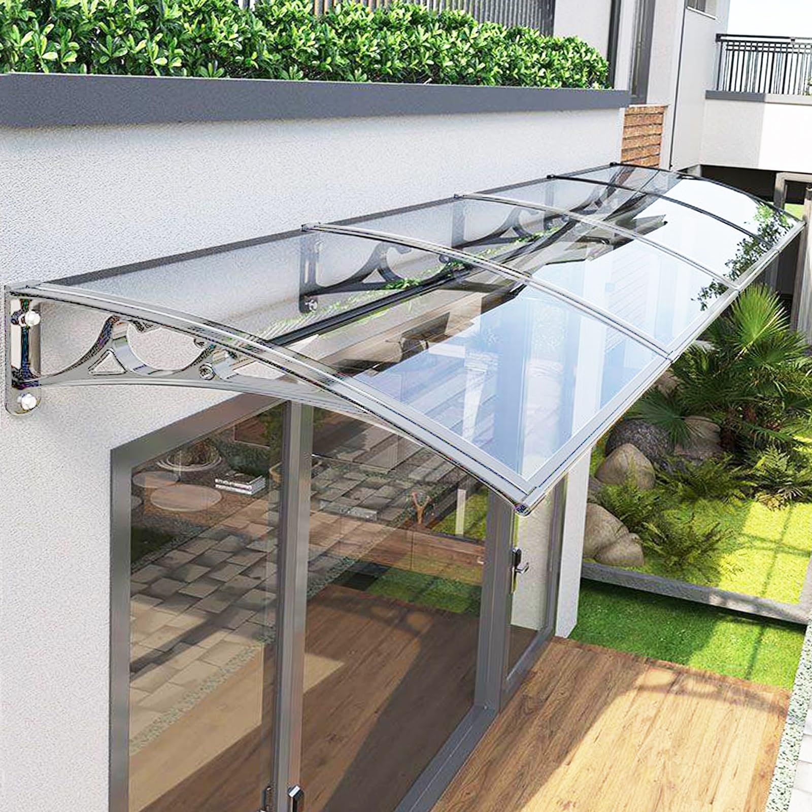 LWJSOCP Outdoor Door Canopy 32x102 in - Polycarbonate Aw Transparent Rain Shield with Silver Bracket Patio Overhang for Entryway Protection