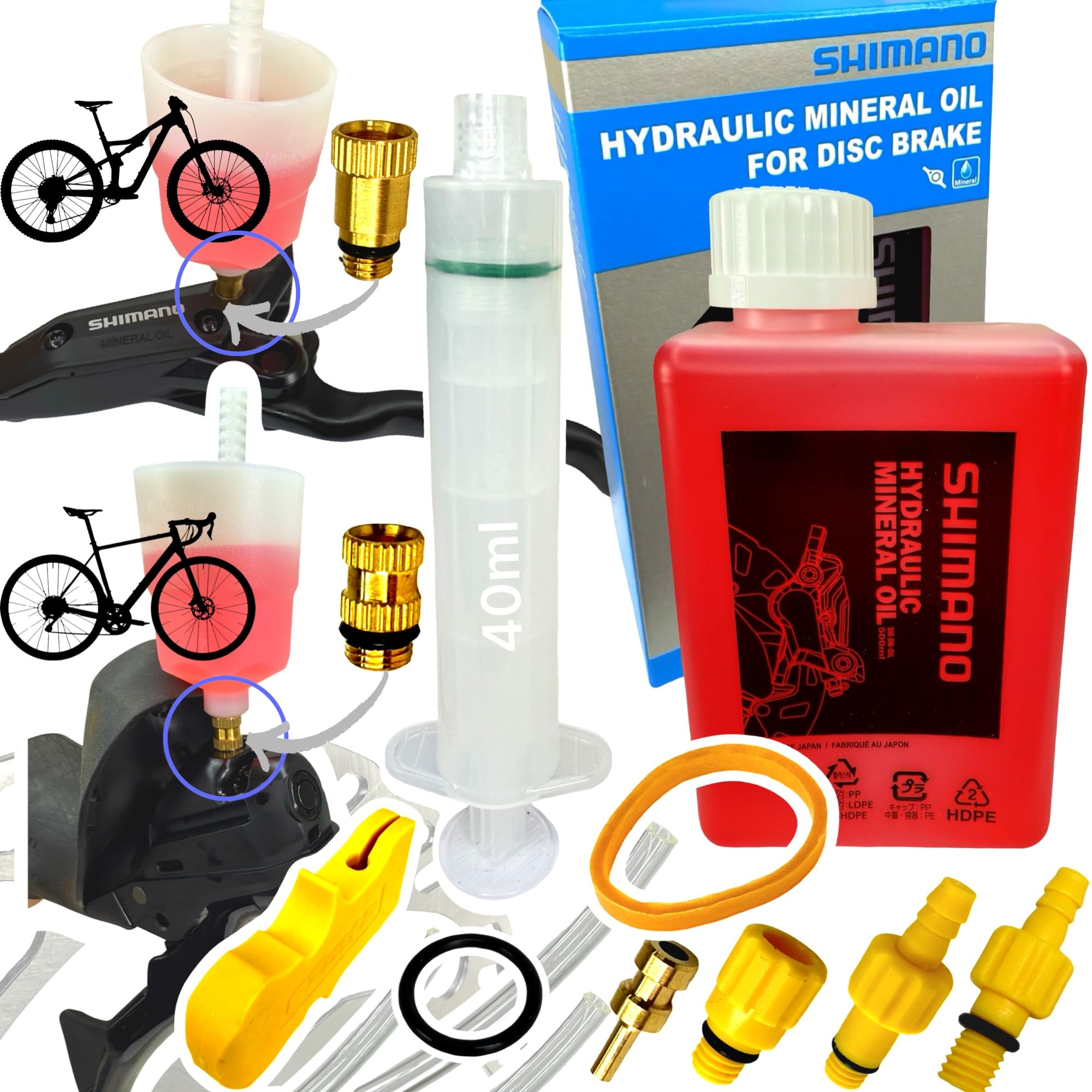 Shimano Hydraulik Mineral ÖL 500ml + F26 Scheibenbremsen Service Kit | MTB City Ebike & STI Road Gravel Disc Entlüftungs bleeding Set, Befüllbecher Trichter mit M5 M6 M7 Anschluss