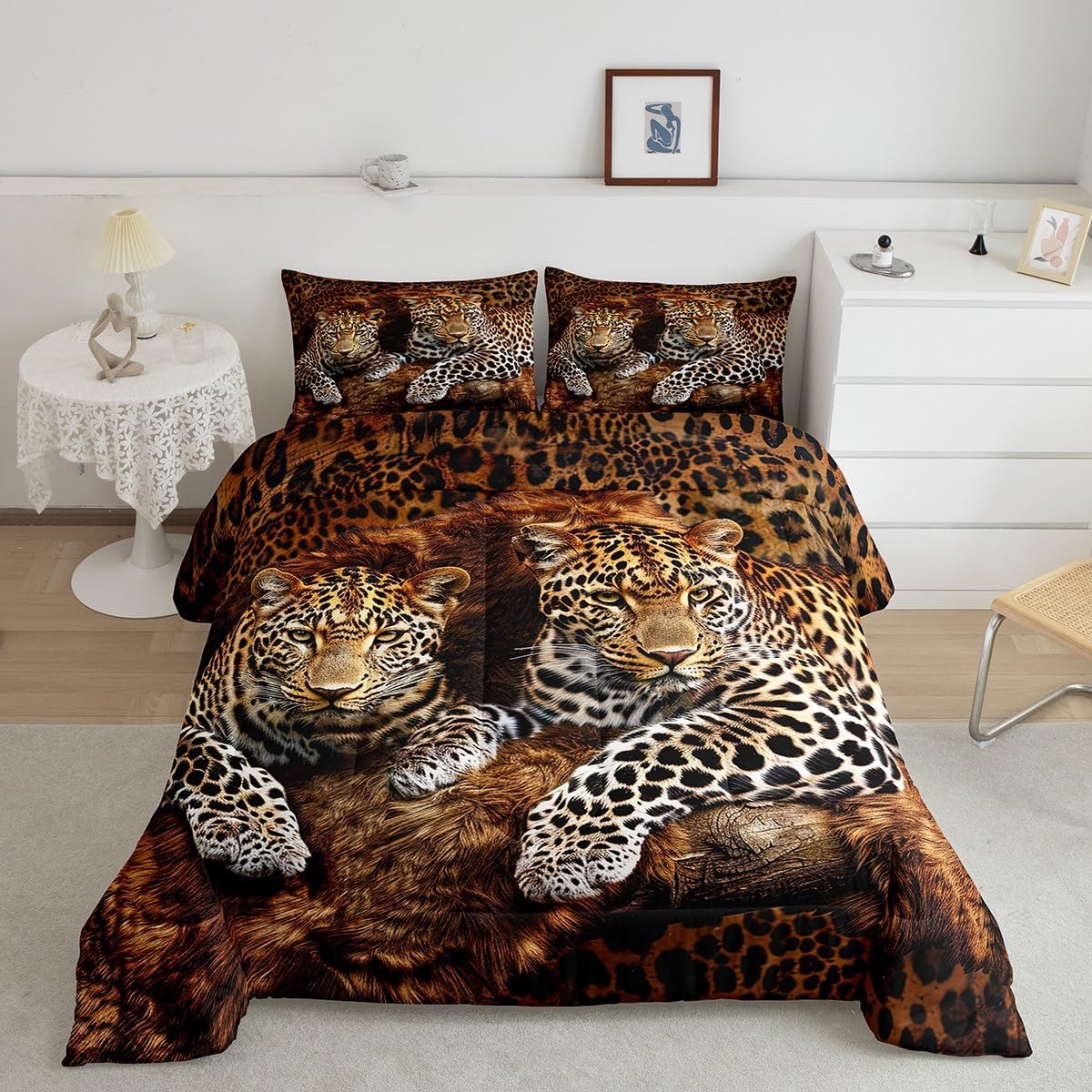Erosebridal Leopard Print Comforter Set Full Size, African Safari Animal Duvet Insert Cheetah Bedding Set for Teens Boys Adults, Tribal Wildlife Quilt with 2 Pillow Cases Bedroom Decor