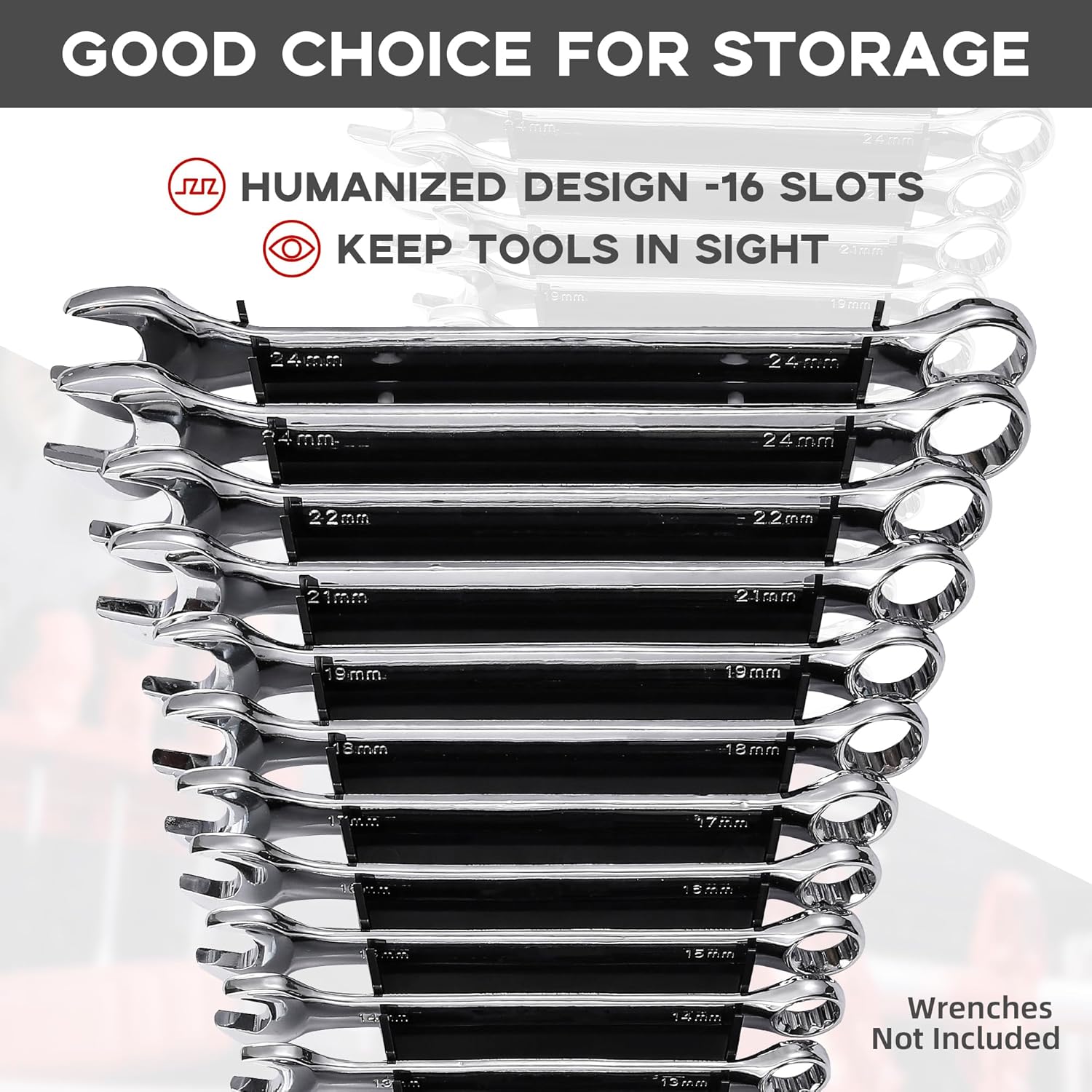 Reniteco Plastic Wrench Organizer, Premium High-density Wrench Holder, Large Wrench Racks for Wall and Tool Box, 64 Slots Fit SAE&Metric Wrench Tray(4Black)