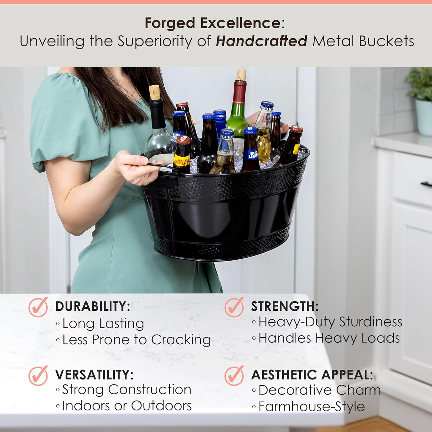 BREKX Colt Black Galvanized Beverage Tub with Handles, 16-Bottle Metal Bucket Ice Cooler to Chill Drinks, Oval Metal Basket for Drinks or Storage Bin - 15 Quarts (4 Gallon)