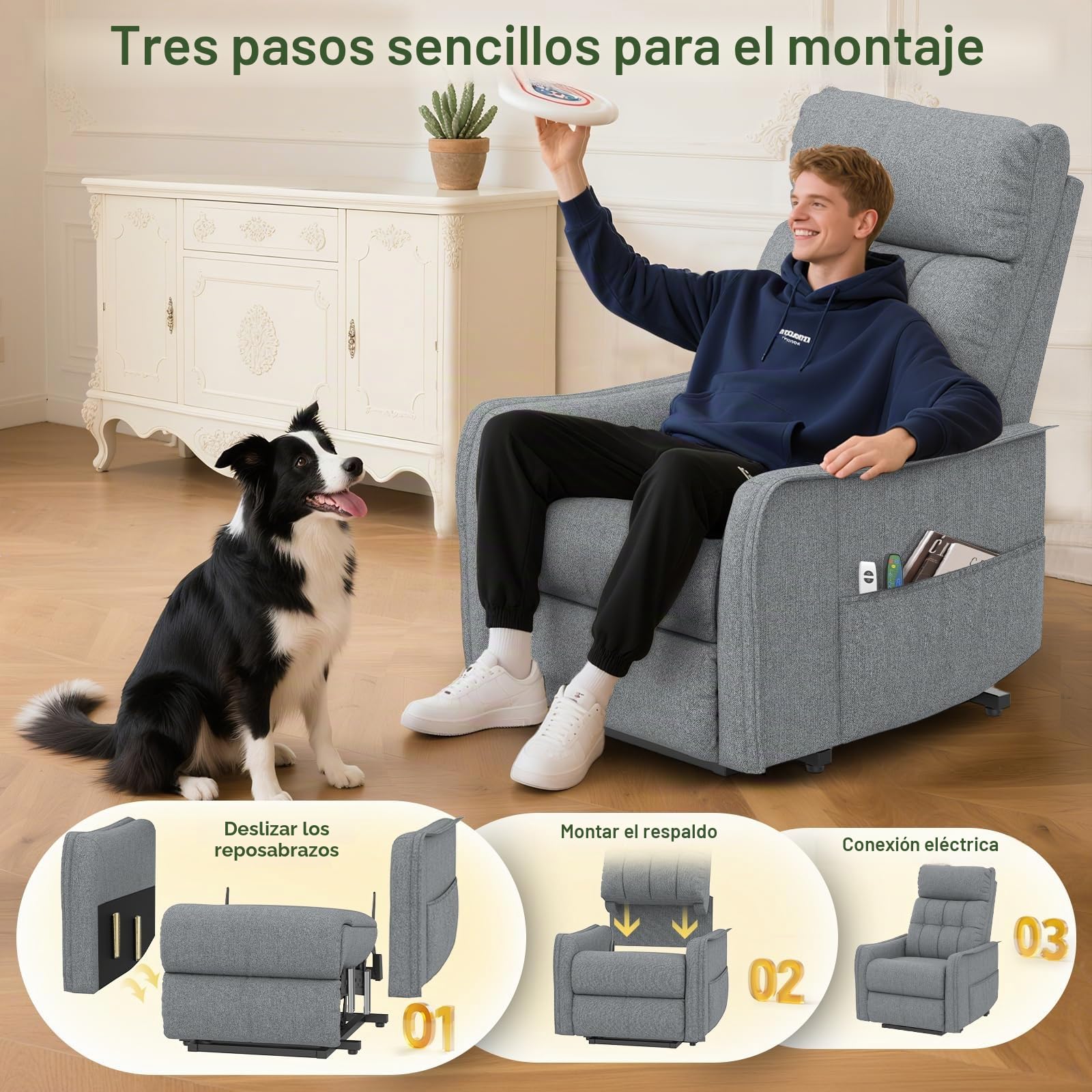 Silla reclinable para Ancianos, elevación eléctrica y sillón reclinable con Masaje y Calor, reposapiés extendido, Silla reclinable con 2 Controles remotos para Sala de Estar