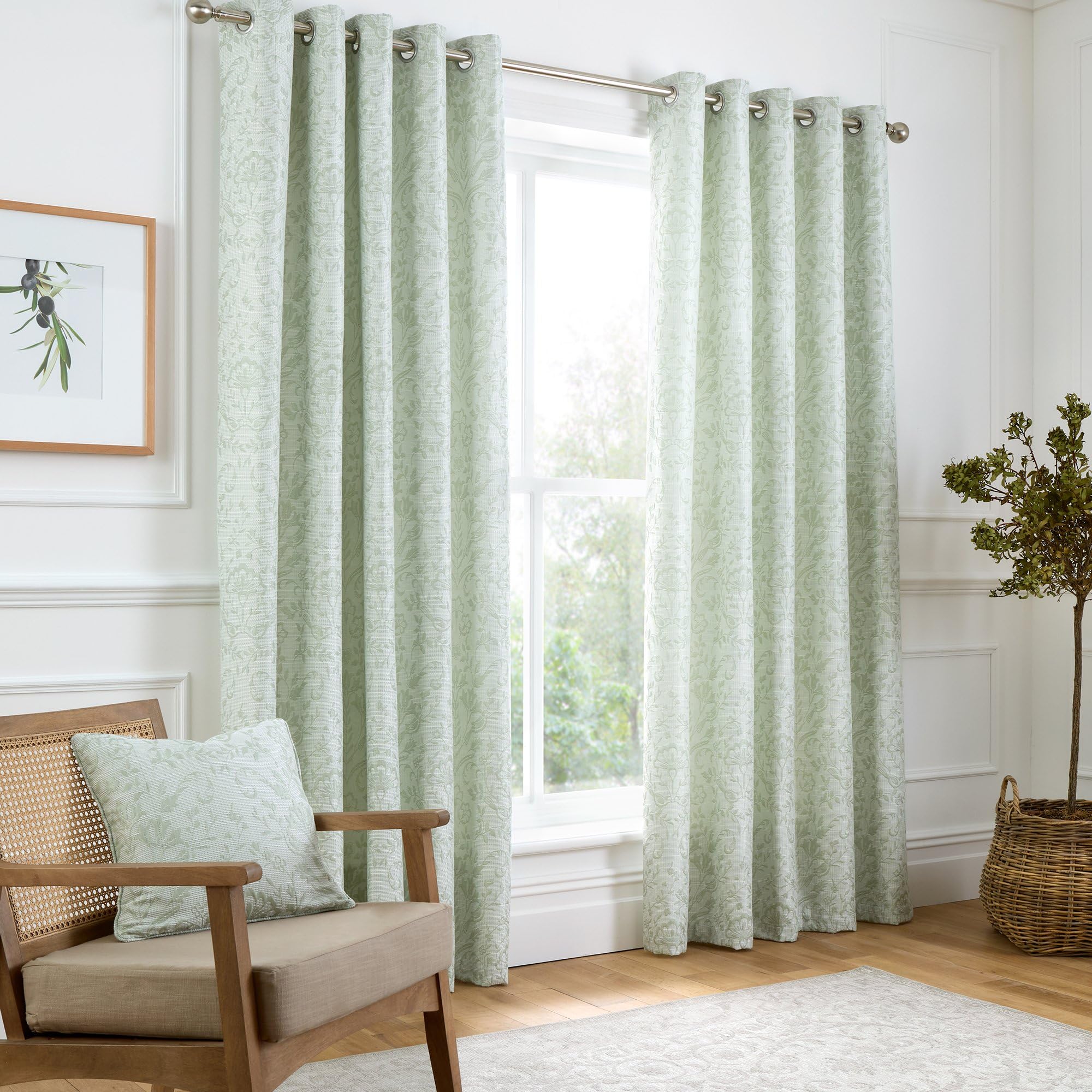 Curtina - Sage Green Floral & Bird Woven Curtains W66 x L90" (168 x 229cm) - Vintage Green Flower Eyelet Curtains - Traditional Curtains & Drapes for Living Room & Bedroom - Jacquard Thermal Curtains
