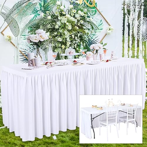 Mantel blanco para mesas rectangulares de 6 pies falda de mesa oblonga con volantes 3 lados resistente a las arrugas decoración de boda baby shower