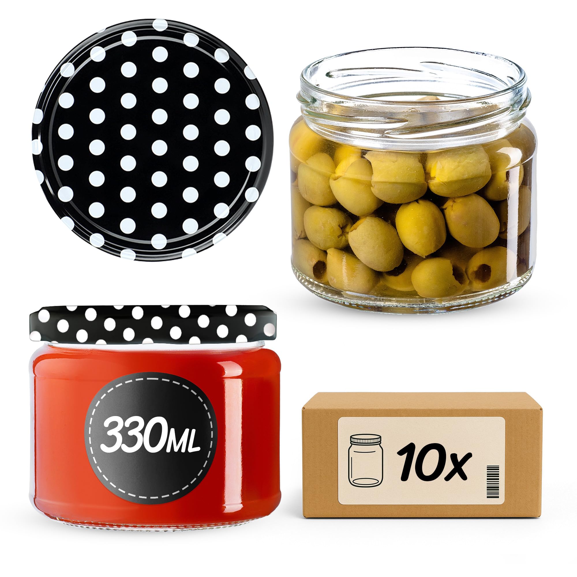 KADAX 10er Set Marmeladengläser 330ml TO82 Schwarz gepunktet, Einmachgläser Vorratsgläser Mason Jar mit Schraubdeckel, Luftdichte Schraubgläser, Honig & Konfitüre
