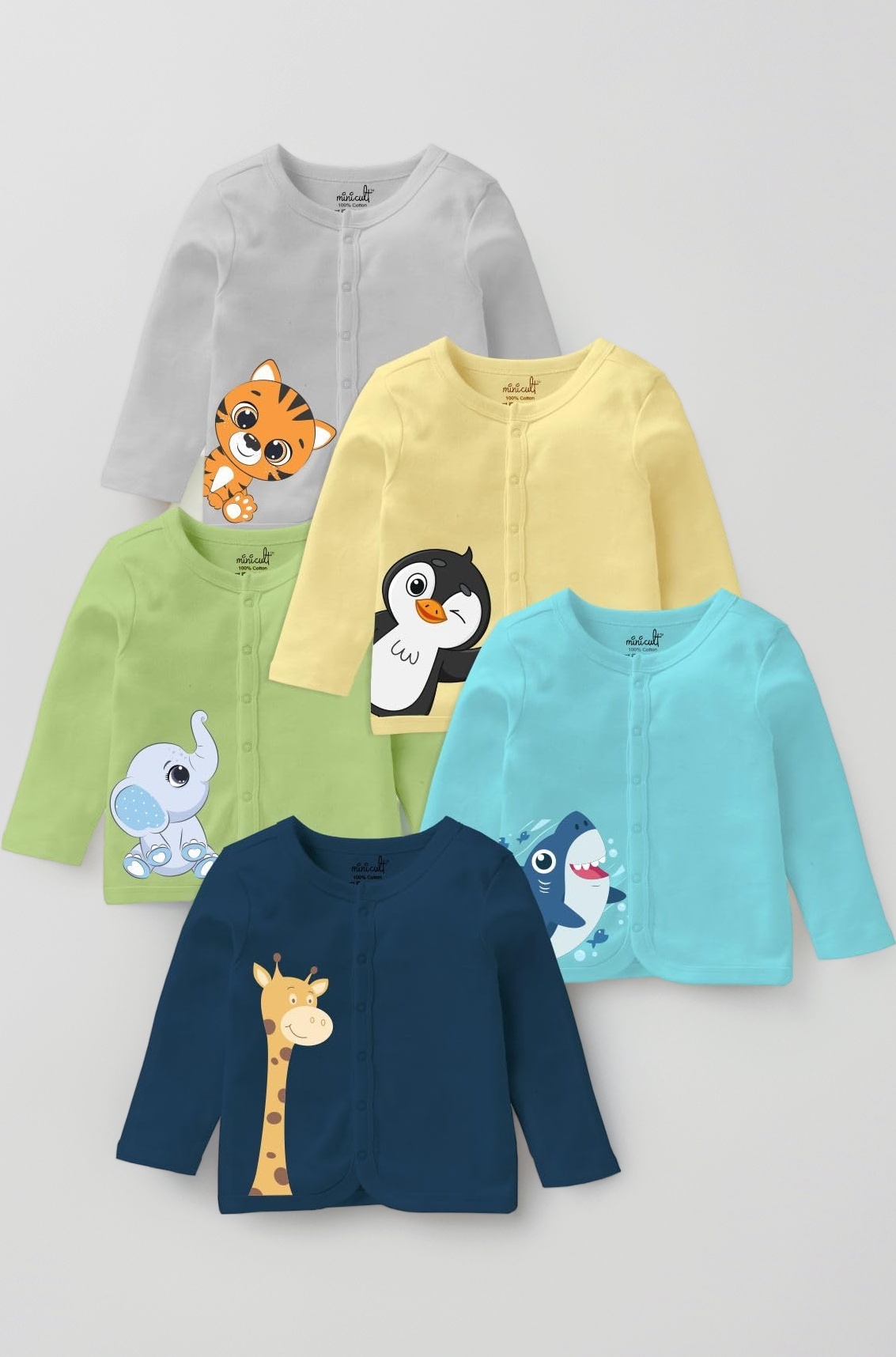 Set of Cotton Unisex Front Open T-Shirt with snap Buttons Pack 5 jhabla