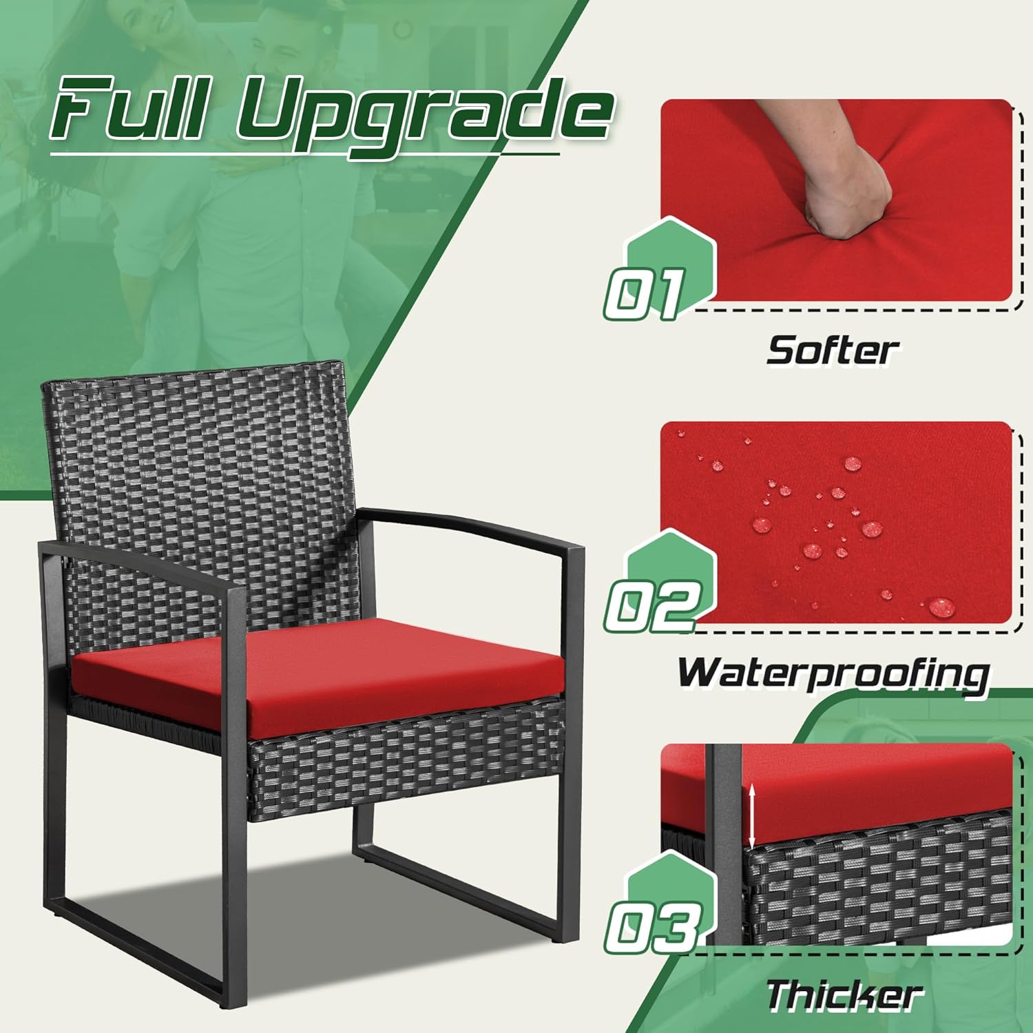 Homall Balcony 3 Piece Furniture Table Garden Backyard Outdoor Patio Use Porch Chairs Cushioned PE Wicker Bistro Set Rattan (Red)