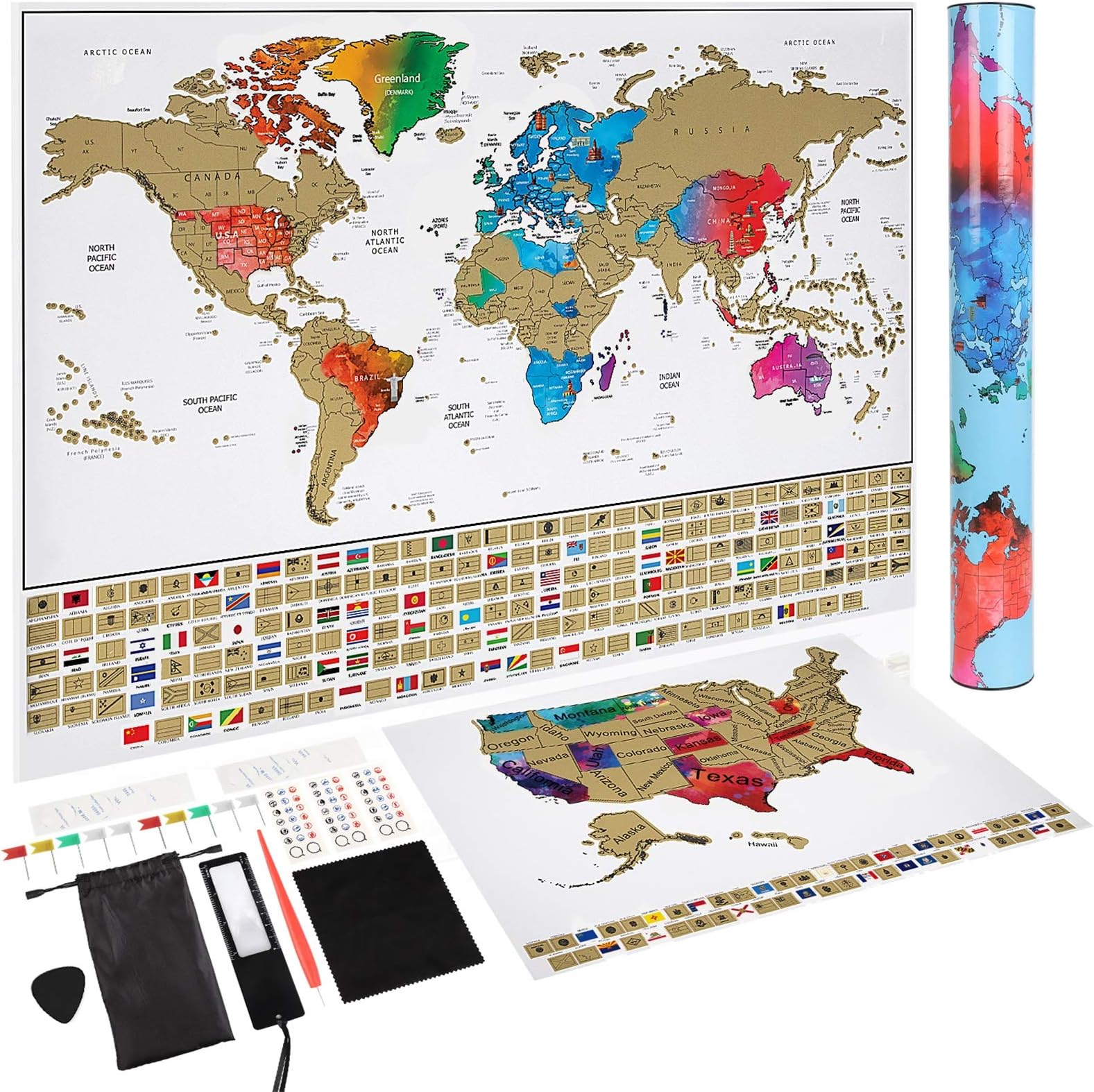 JARLINK Scratch Off World Map Poster and the United States Map Set, Travel Tracker Poster with Country Flags and 26 Accessories, Gift for Travelers
