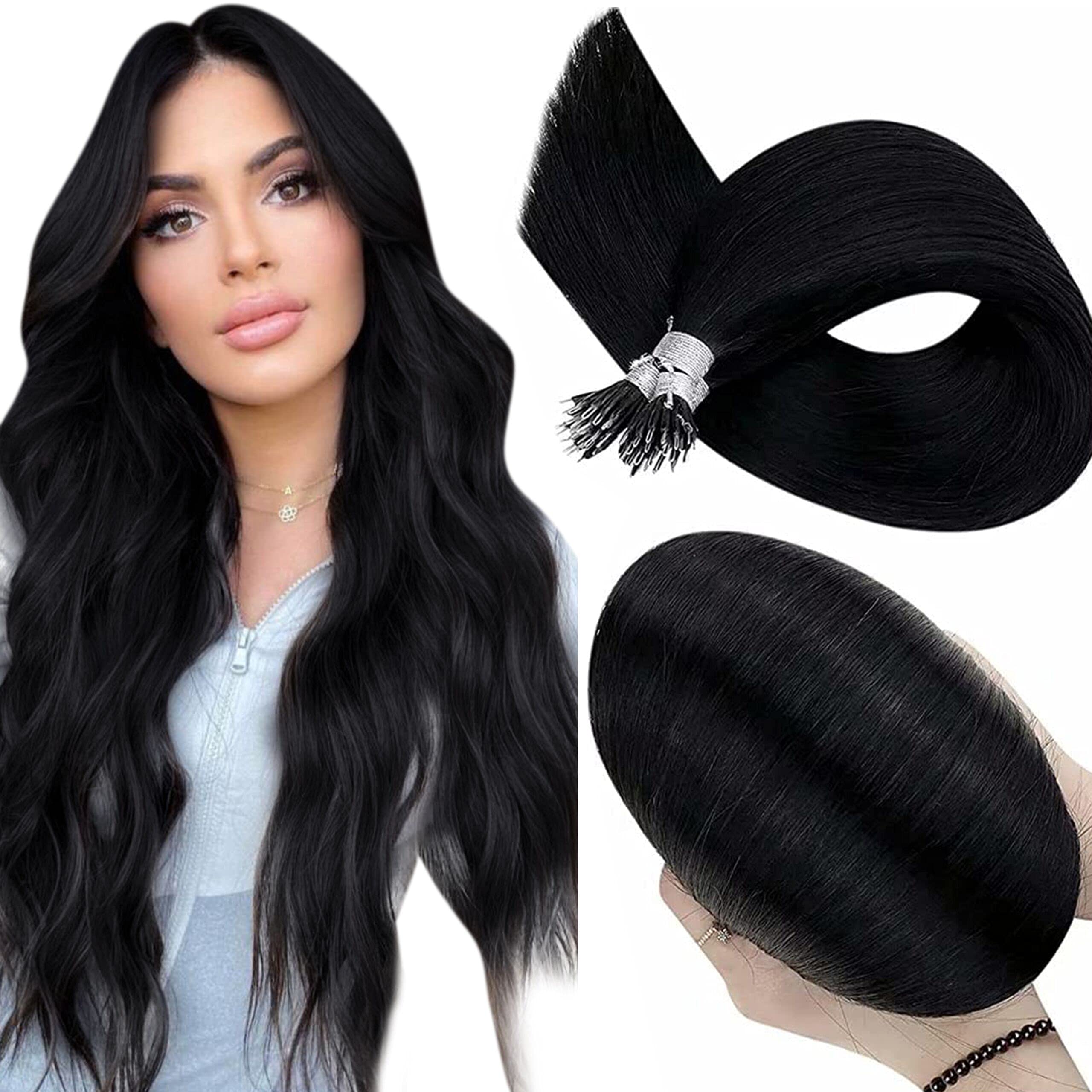 Hetto Pre Bonded Black Nano Human Hair Extensions Jet Black Straight Nano Ring Real Hair Extensions Nano Micro Loop Invisible Hair Extensions 22 Inch 50 Strands 50g