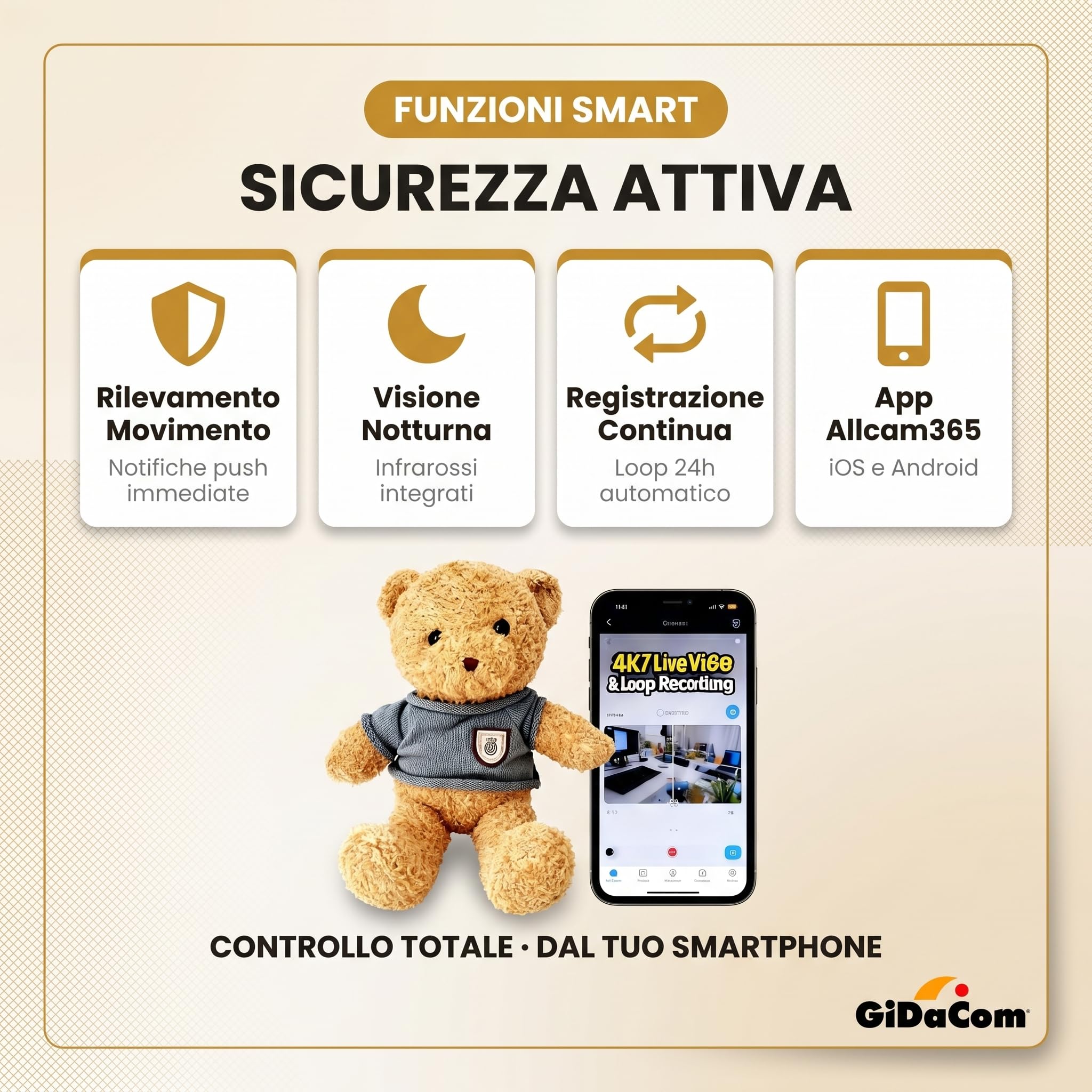 Orsacchiotto con Telecamera WiFi – Baby Monitor 4K e 1080P con Visione in Tempo Reale, Rilevamento Movimento con Notifiche, Supporto Micro SD 128GB, App Allcam365