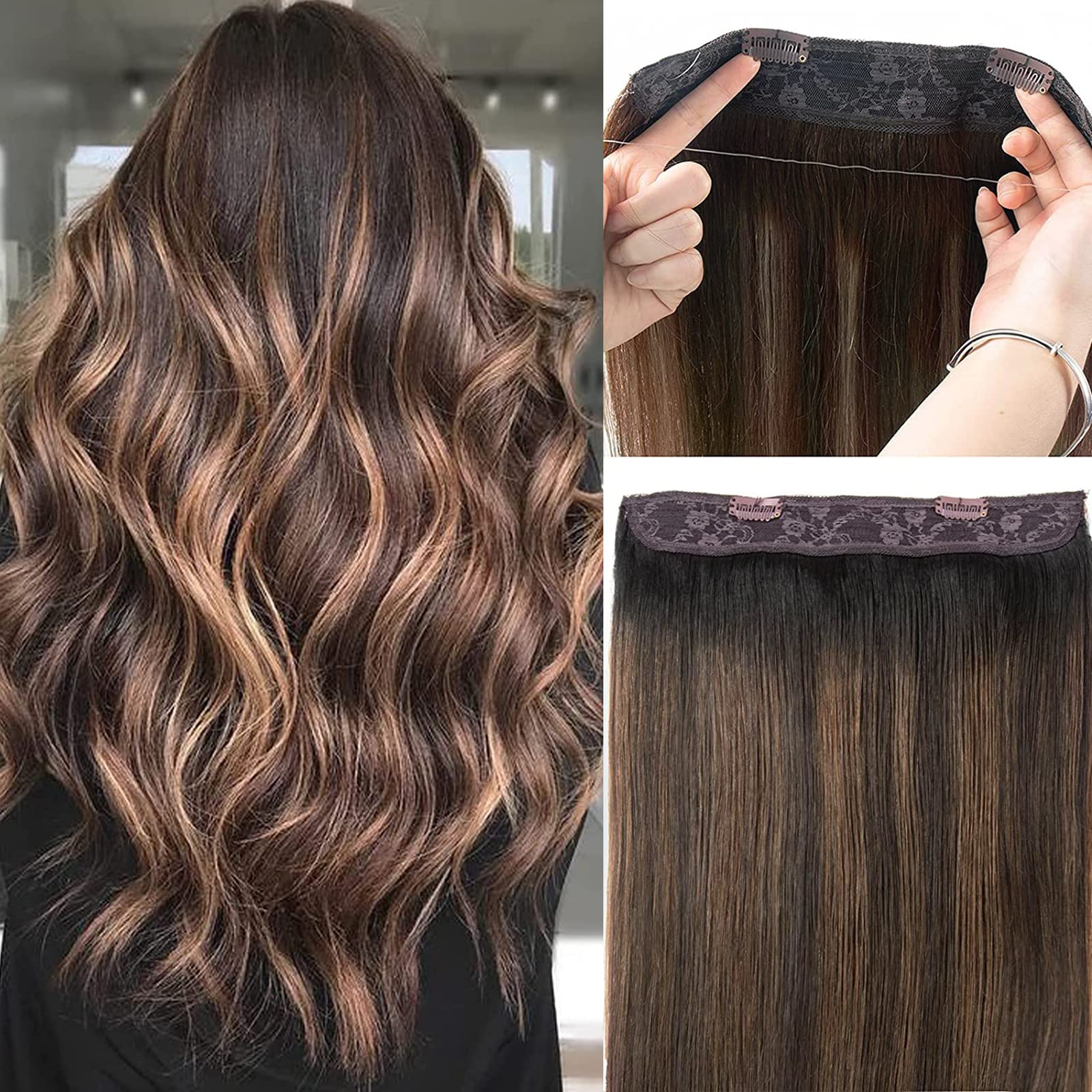 Star ShowHair Extensions Real Human Hair Natural Black with Chestnut Brown Straight Hair Extensions Invisible Wire Wire Fish Line Hair Extension Straight Hair 20 inch