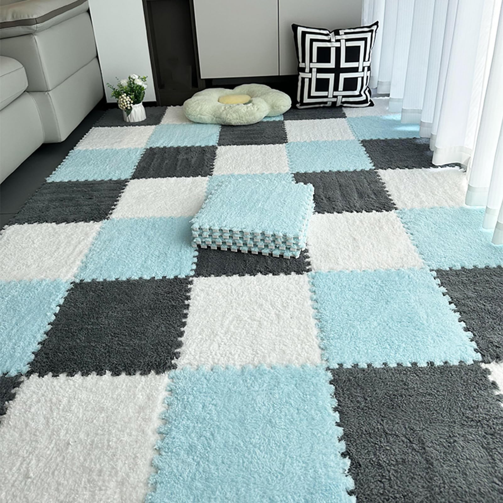 80 Tappeti Puzzle per Pavimento, Tappetino in Schiuma di Peluche, Tappetino Puzzle, Tappetino da Gioco per Soggiorno, Piastrelle di Moquette Ad Incastro (Viola+Bianco 0,23 Pollici)