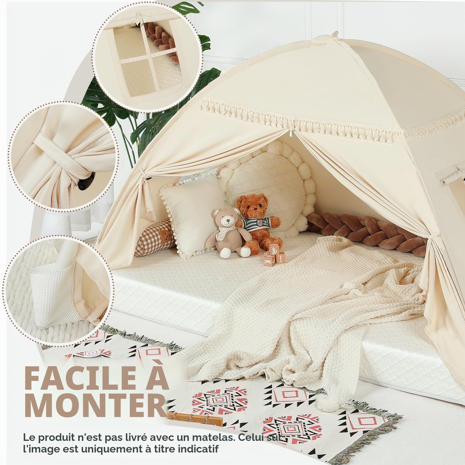 Tentes Tipi d'intérieur pour Enfants : Tentes de Jeu pour Enfants, Lit Jumeau, Tipi pour Garçons et Filles – Maison de Jeu à l'intérieur pour Salle de Jeux (Crème)